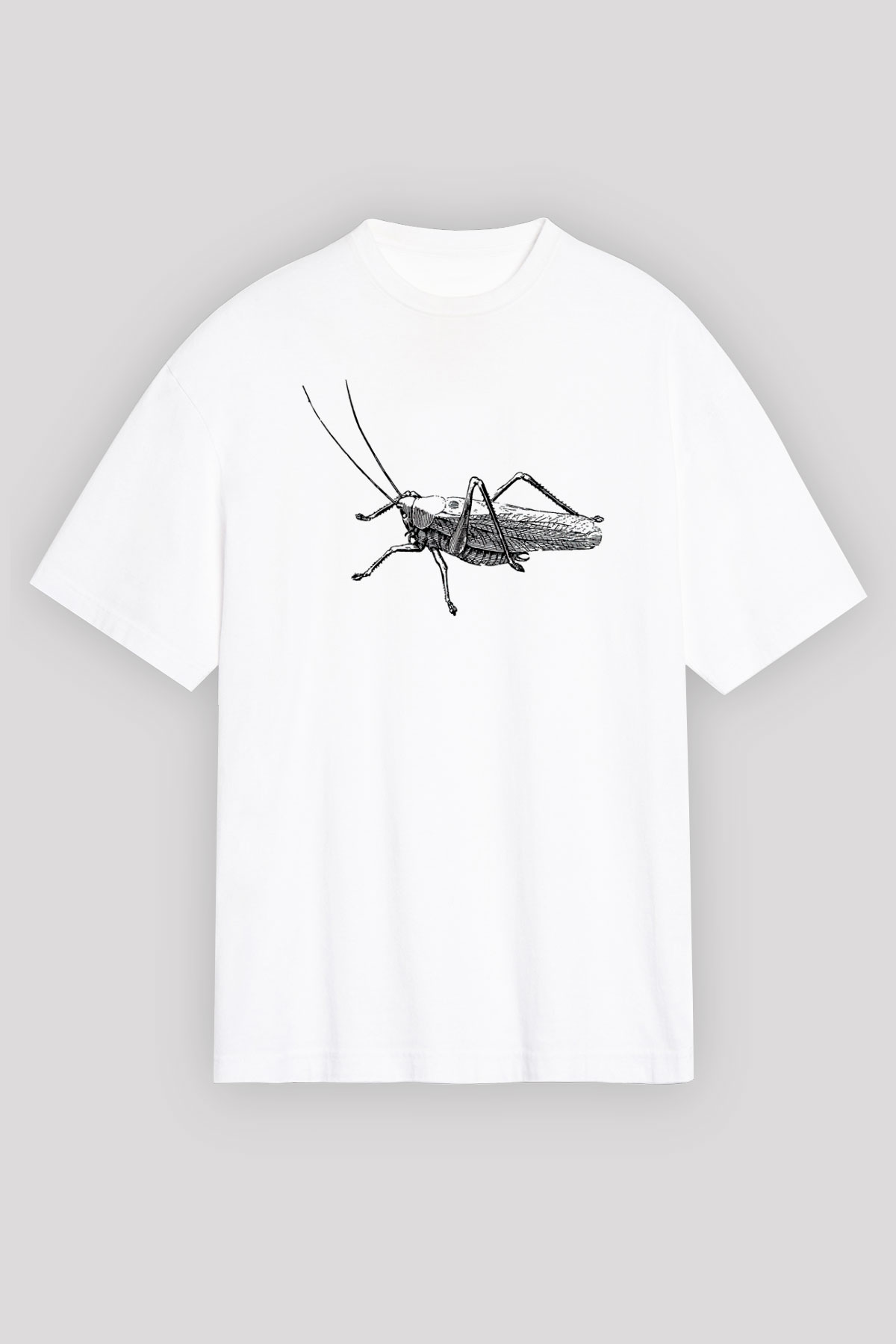 Çekirge Baskılı Beyaz Unisex Oversize Tişört - Tshirt