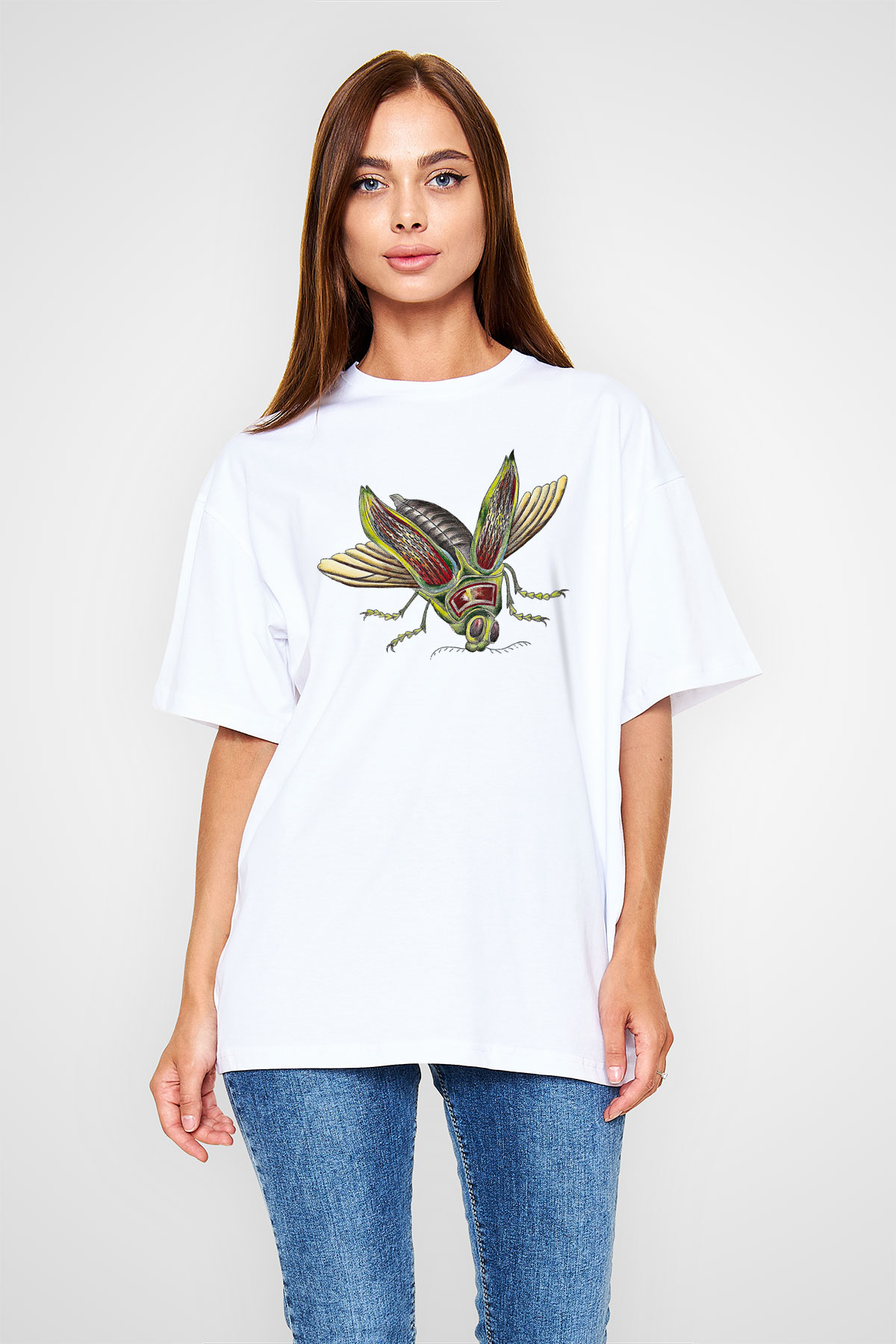 Çekirge Baskılı Beyaz Unisex Oversize Tişört - Tshirt
