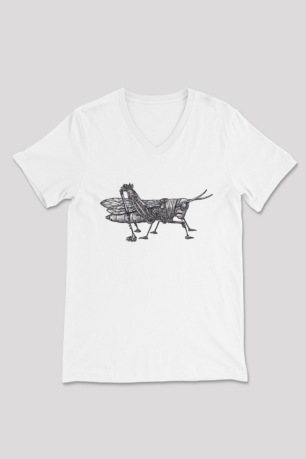 Çekirge Baskılı Beyaz Unisex V Yaka Tişört - Tshirt