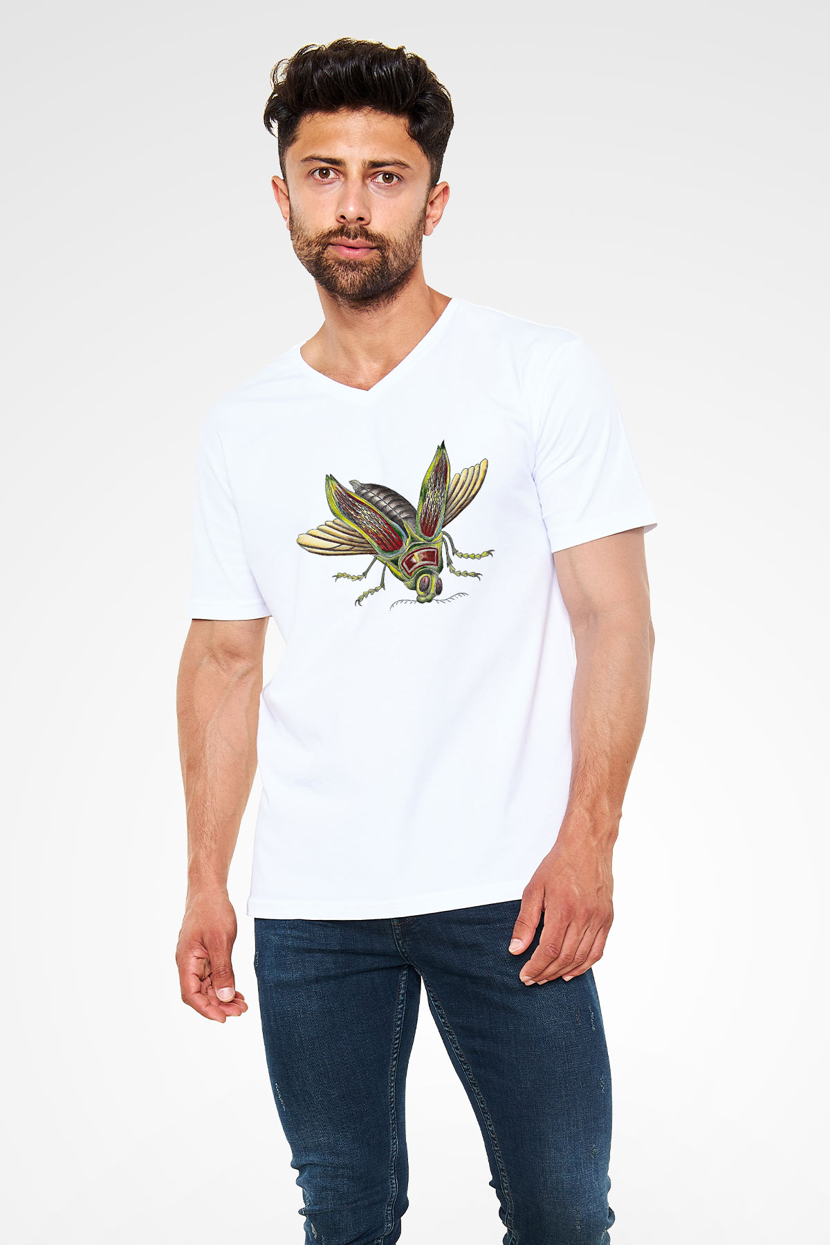 Çekirge Baskılı Beyaz Unisex V Yaka Tişört - Tshirt