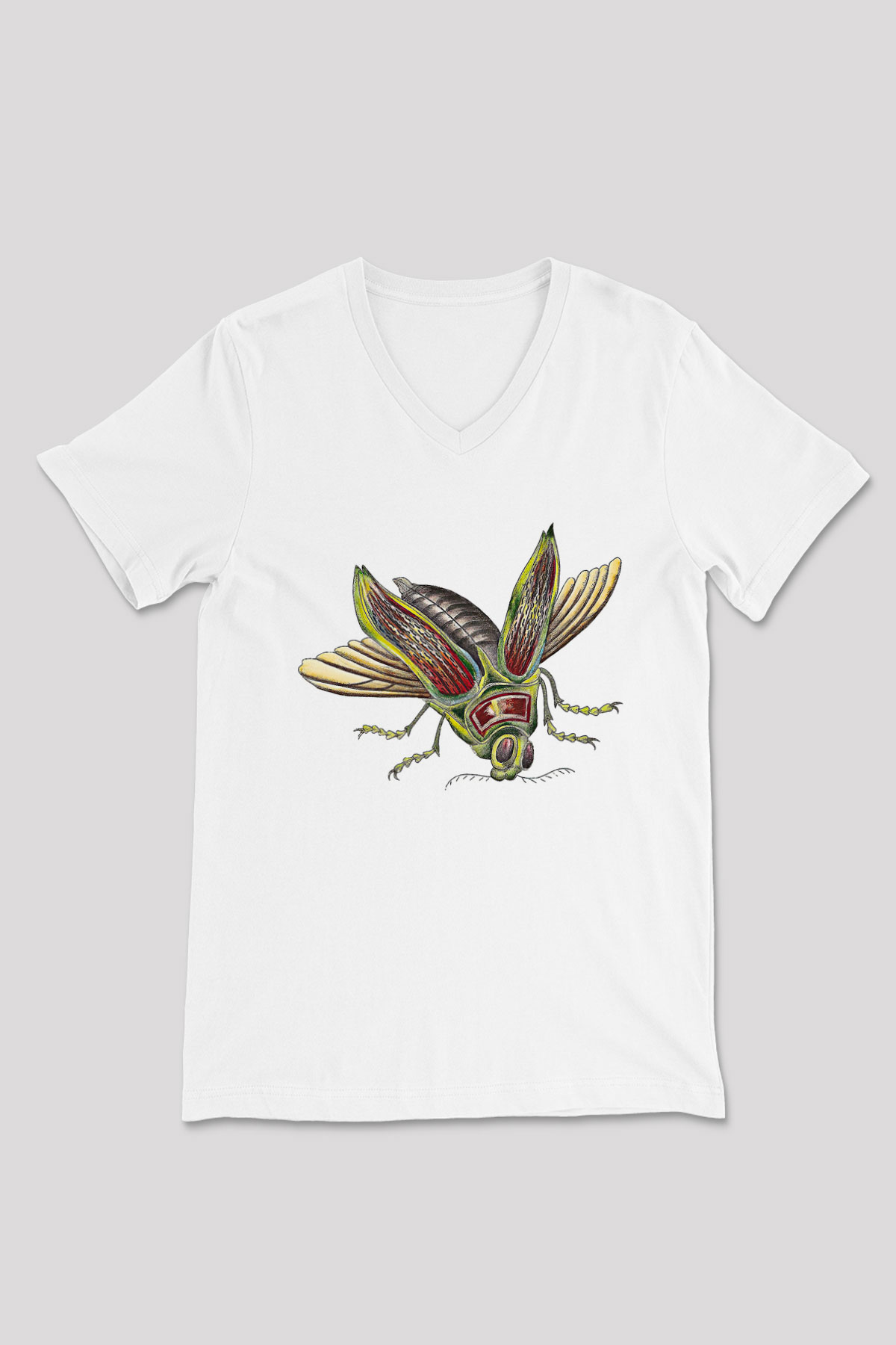 Çekirge Baskılı Beyaz Unisex V Yaka Tişört - Tshirt