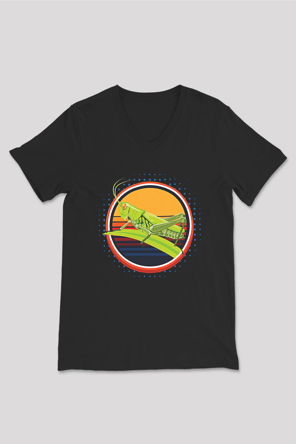 Çekirge Baskılı Unisex Siyah V Yaka Tişört - Tshirt