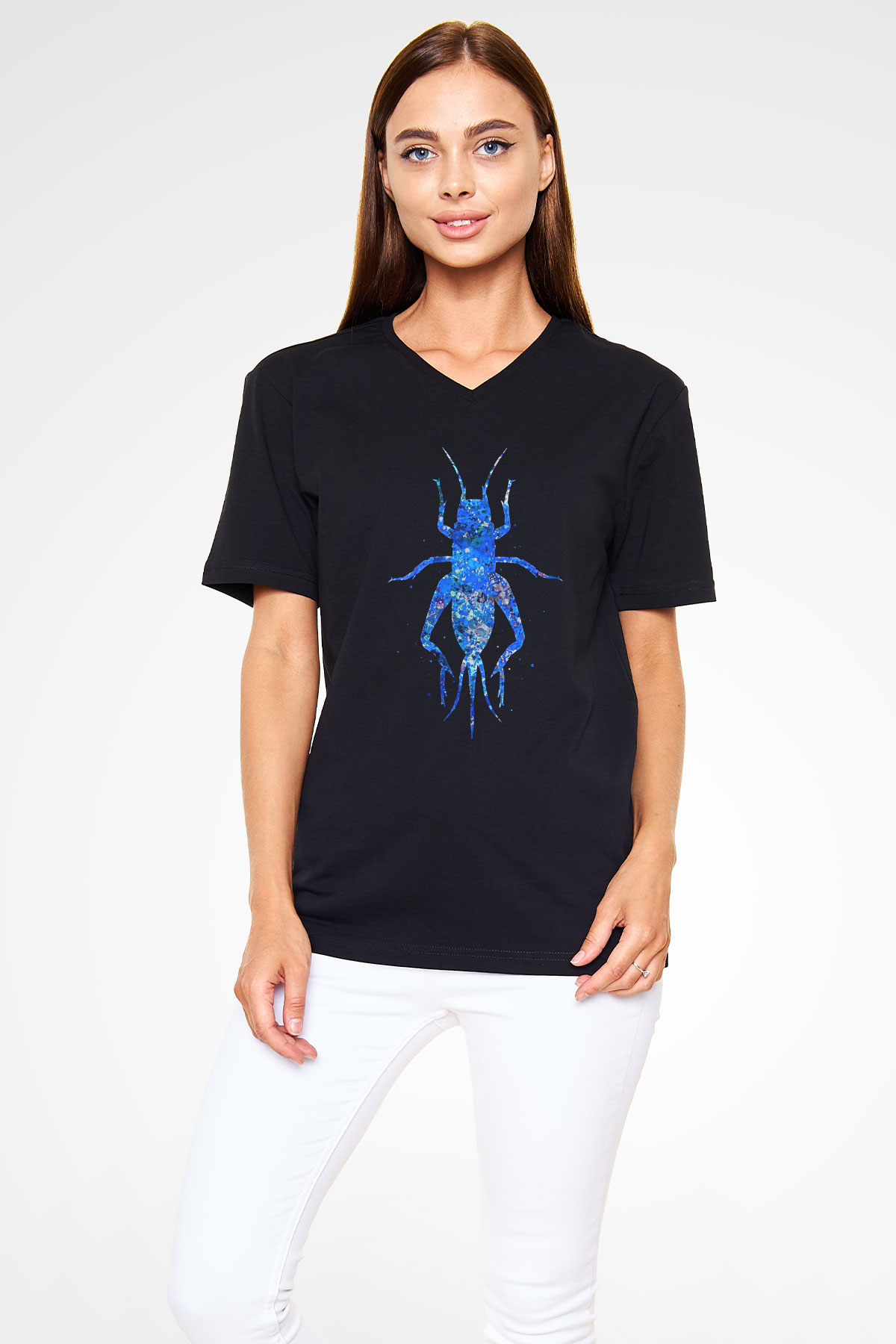 Çekirge Baskılı Unisex Siyah V Yaka Tişört - Tshirt