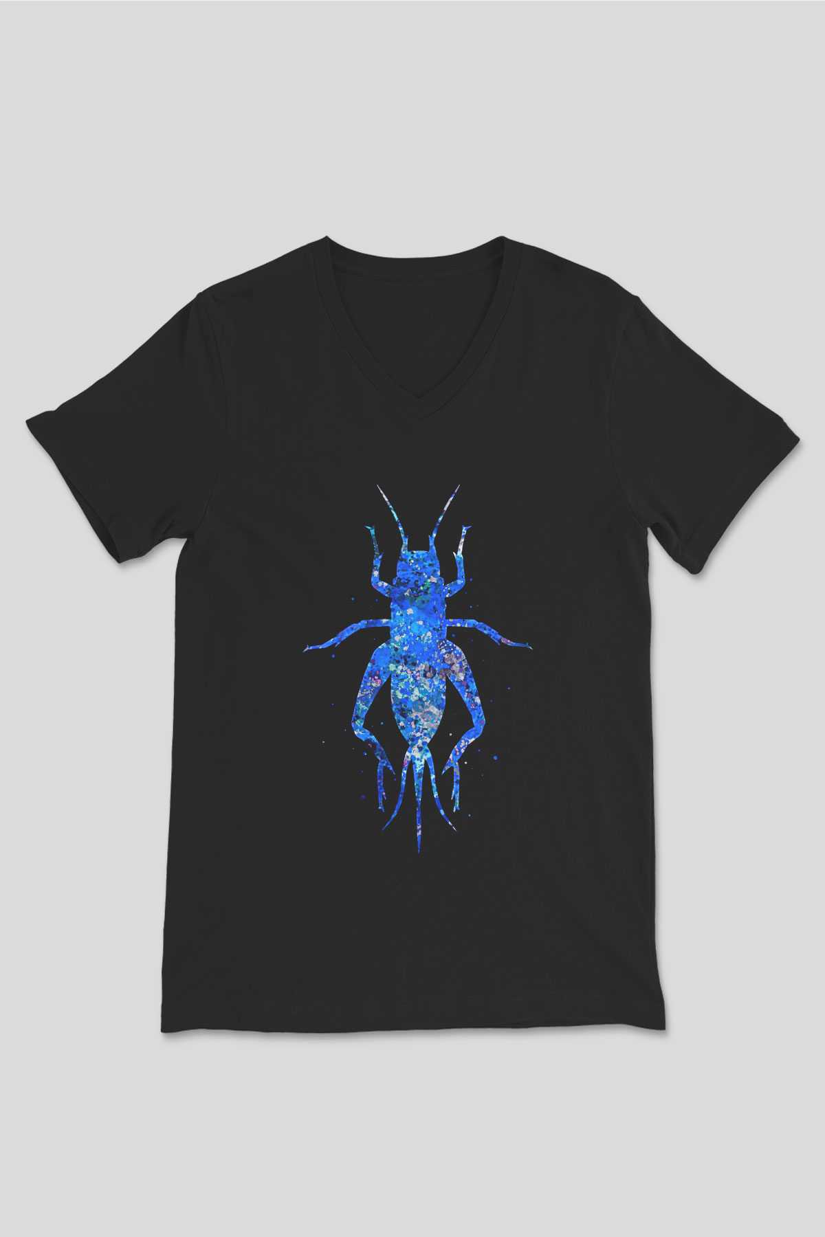 Çekirge Baskılı Unisex Siyah V Yaka Tişört - Tshirt