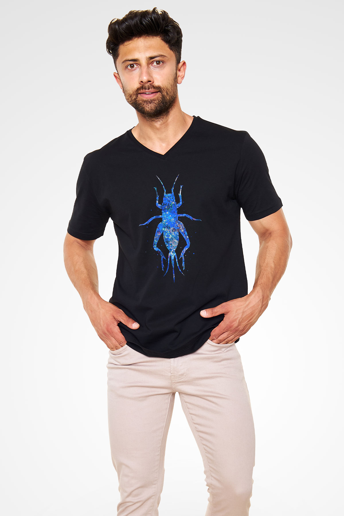 Çekirge Baskılı Unisex Siyah V Yaka Tişört - Tshirt