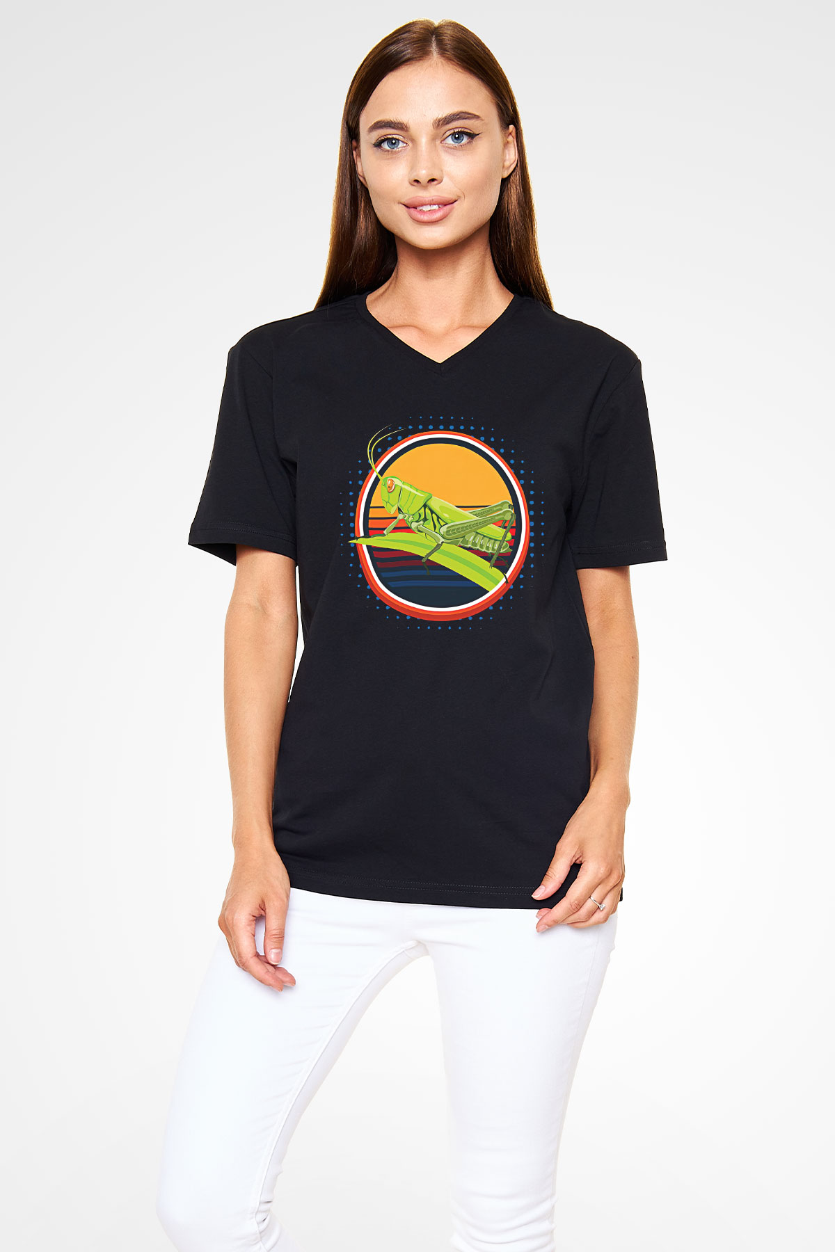 Çekirge Baskılı Unisex Siyah V Yaka Tişört - Tshirt