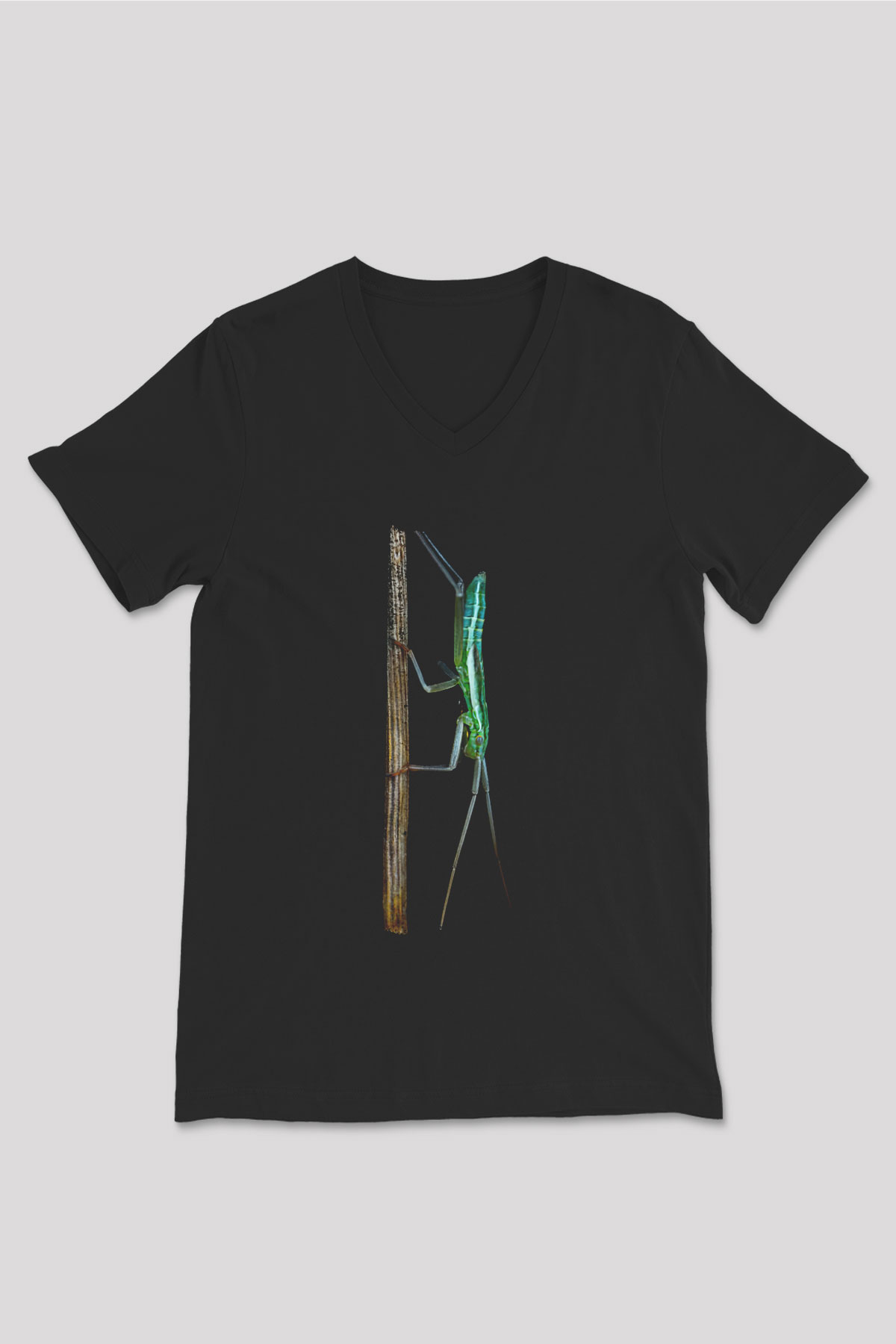 Çekirge Baskılı Unisex Siyah V Yaka Tişört - Tshirt