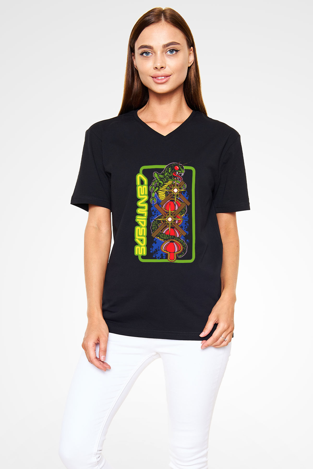 Centipede Siyah Unisex  V Yaka Tişört