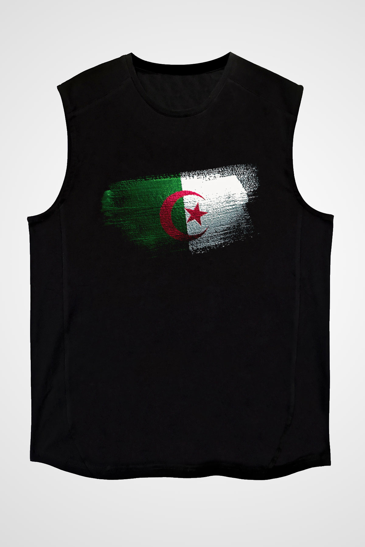Cezayir - Algeria Bayrağı Baskılı Unisex Siyah Kolsuz Tişört