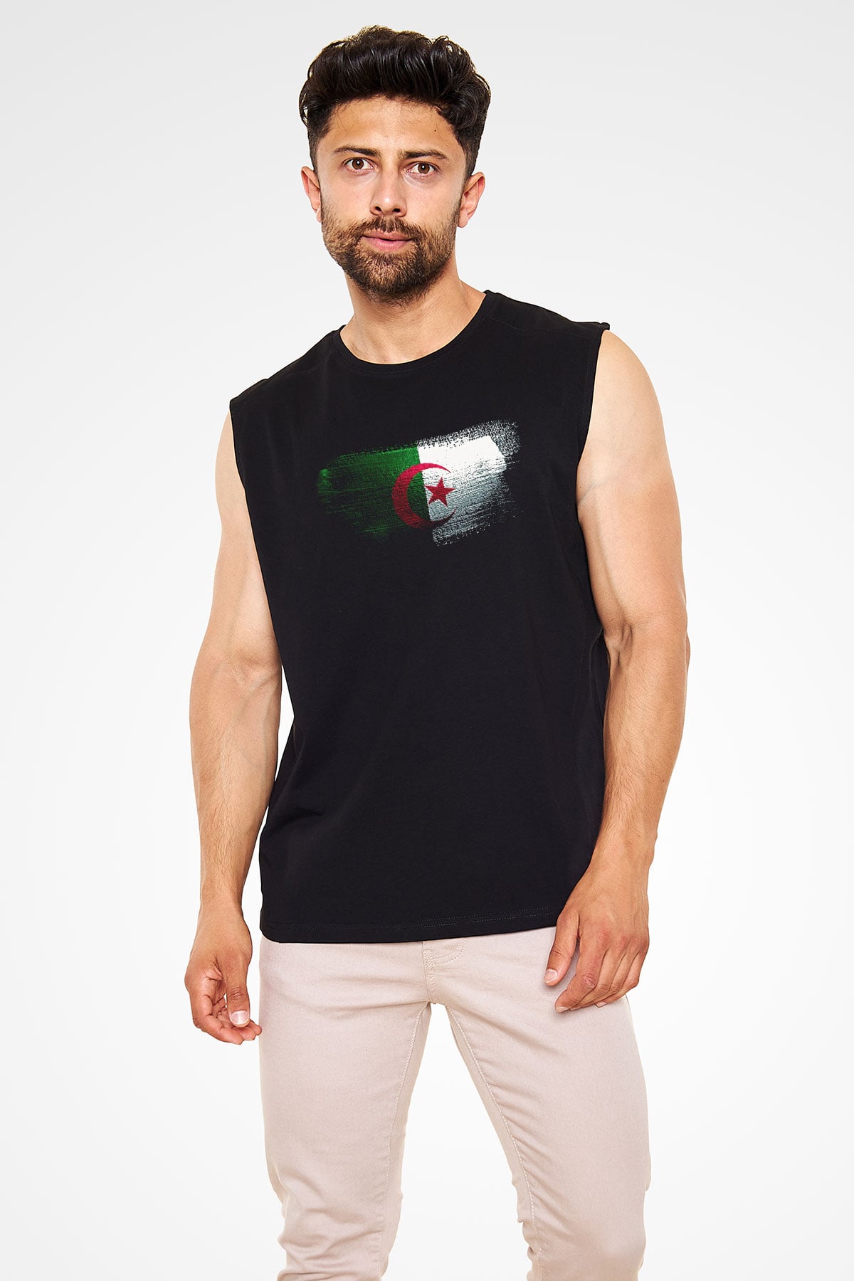 Cezayir - Algeria Bayrağı Baskılı Unisex Siyah Kolsuz Tişört