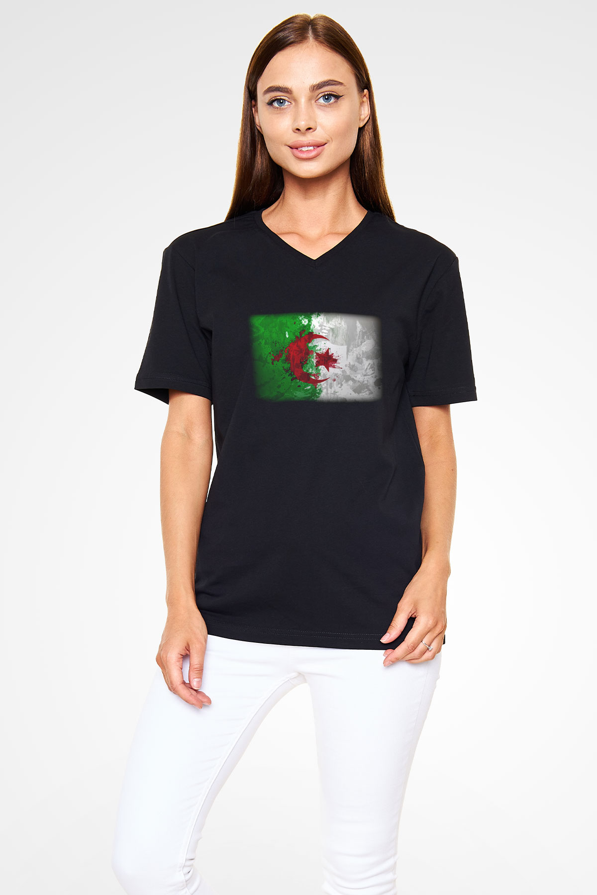 Cezayir Siyah Unisex V Yaka Tişört T-Shirt