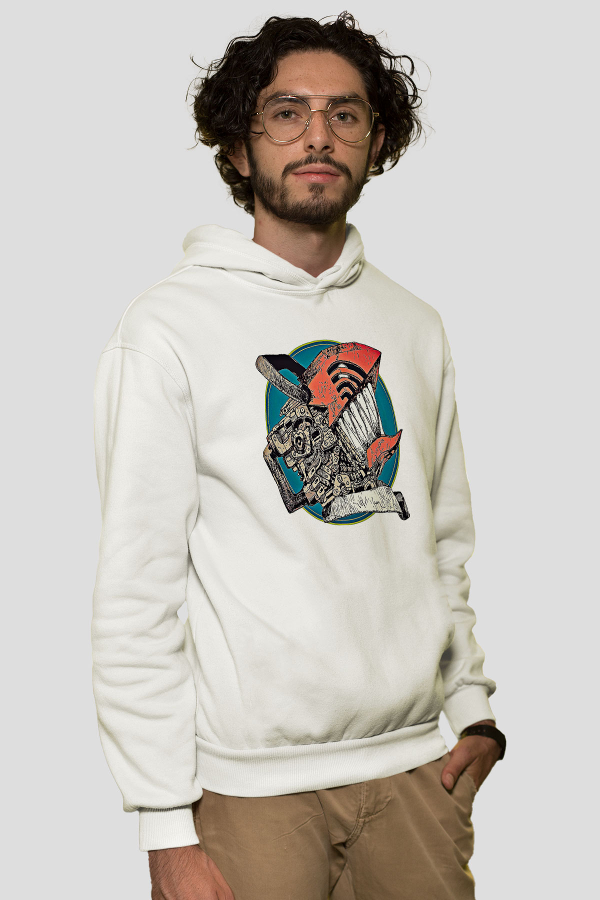 Chainsaw Man Baskılı Beyaz Unisex Hoodie