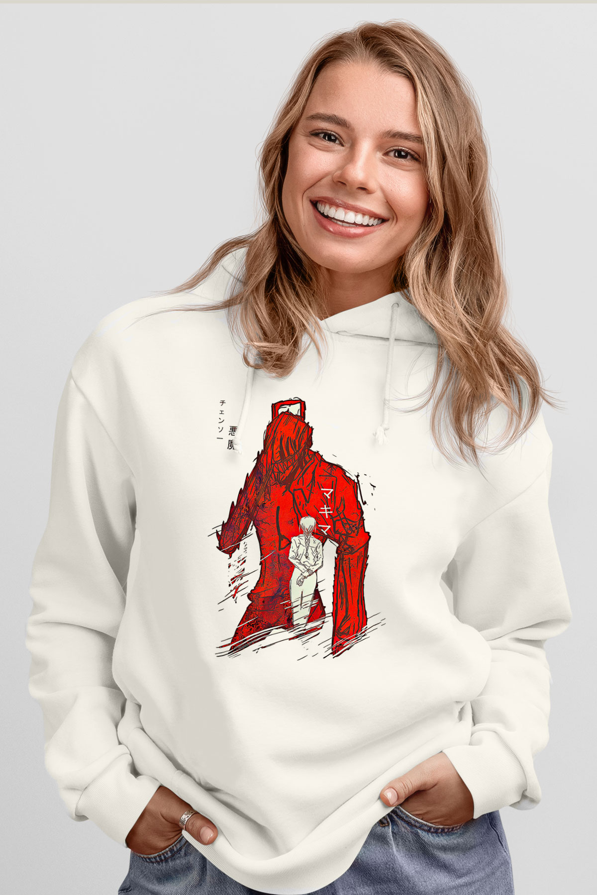 Chainsaw Man Baskılı Beyaz Unisex Hoodie