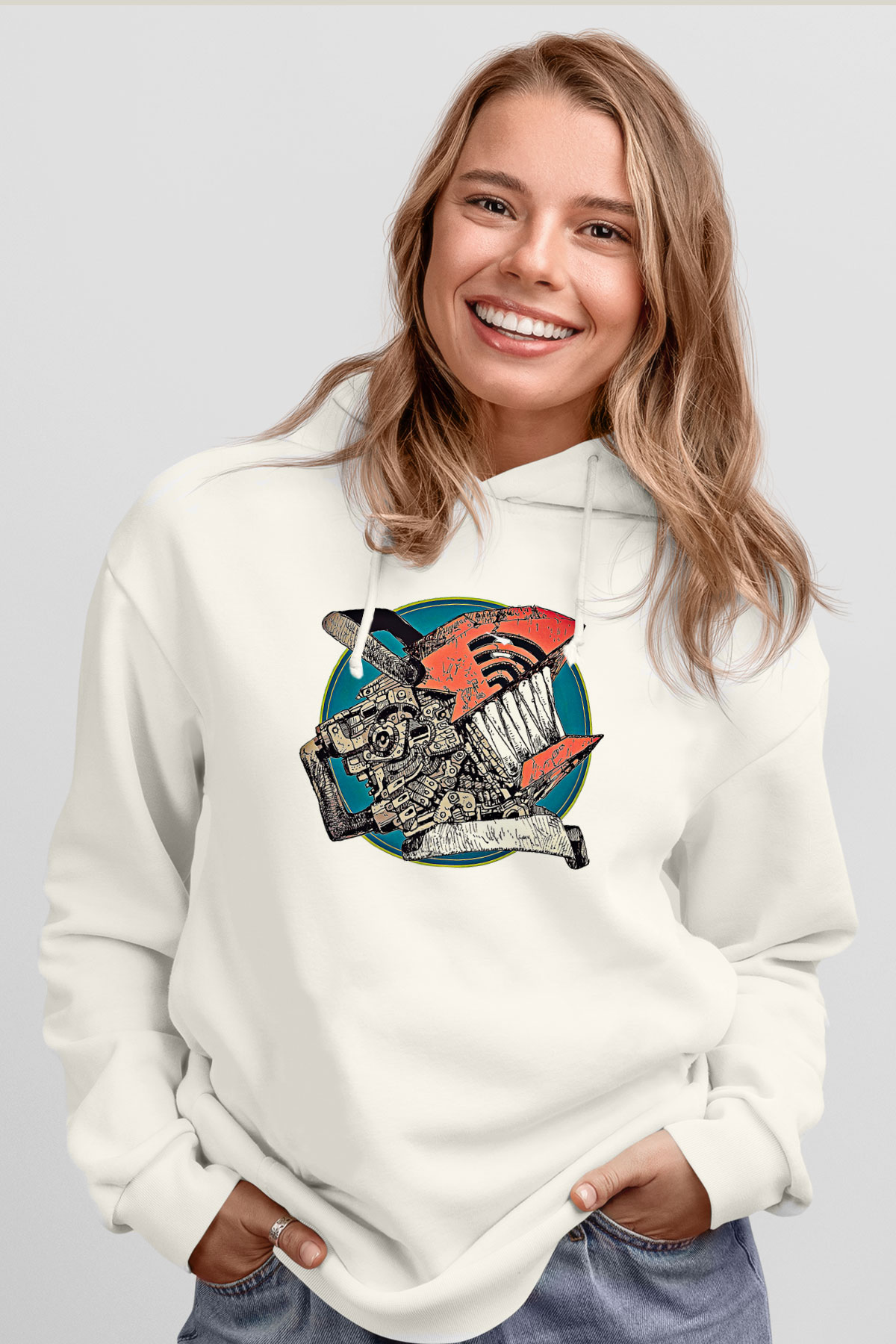 Chainsaw Man Baskılı Beyaz Unisex Hoodie
