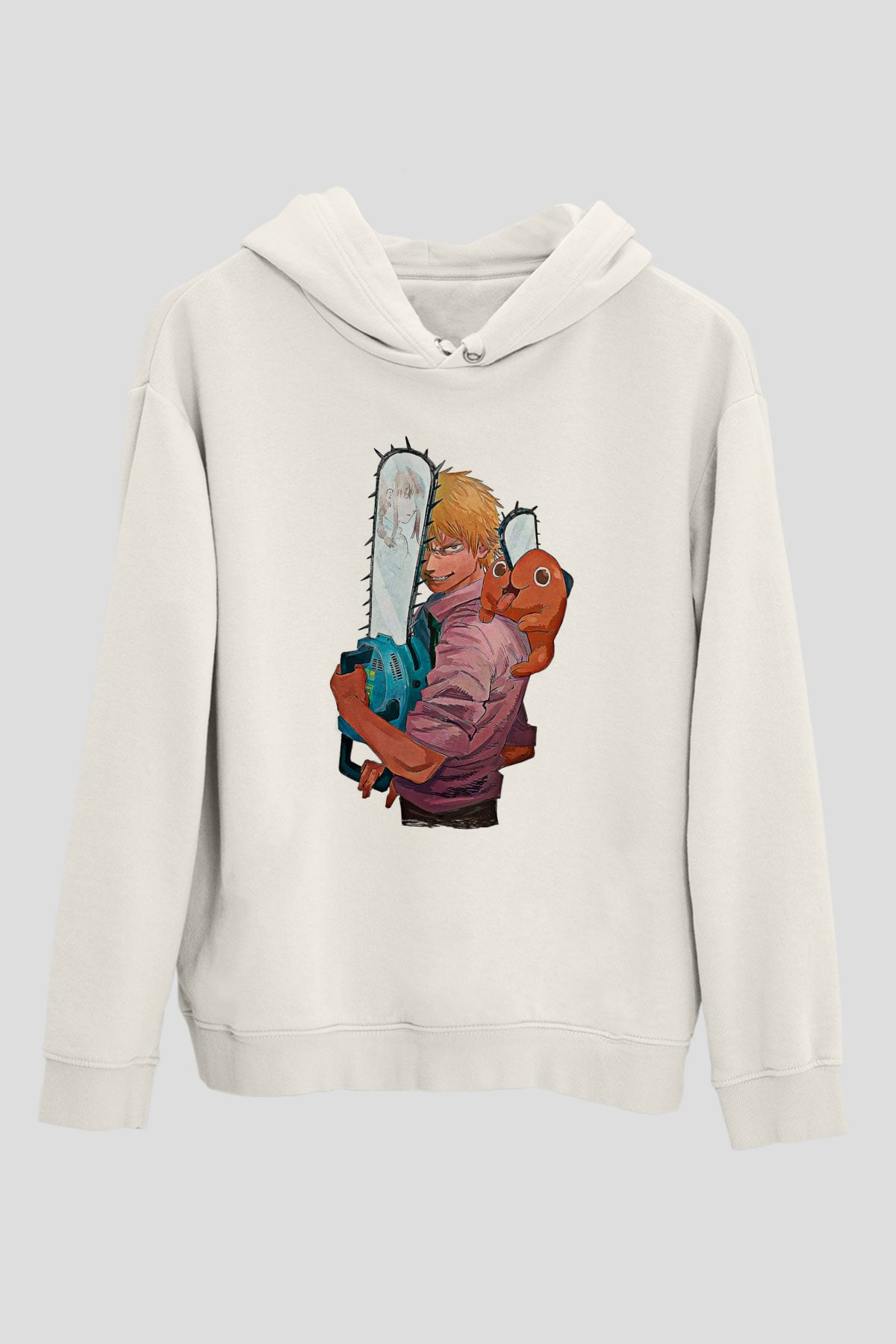 Chainsaw Man Baskılı Beyaz Unisex Hoodie