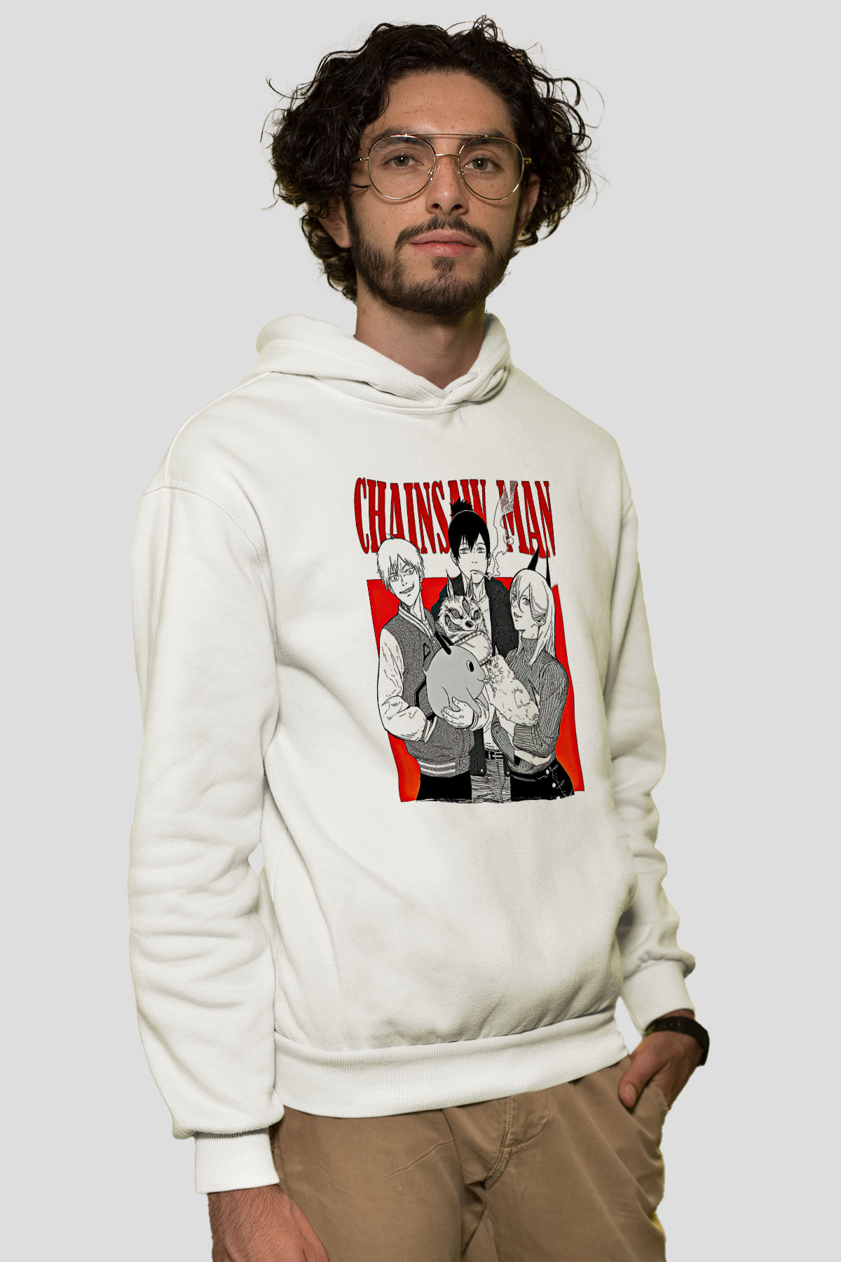 Chainsaw Man Baskılı Beyaz Unisex Hoodie