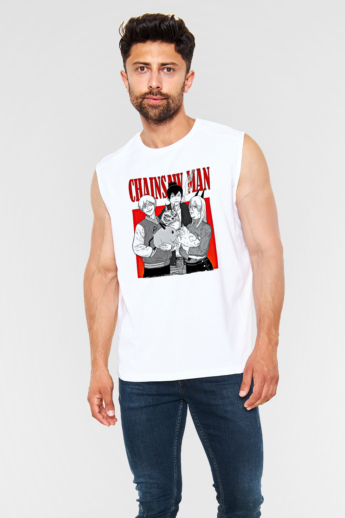 Chainsaw Man Baskılı Beyaz Unisex Kolsuz Tişört - Tshirt