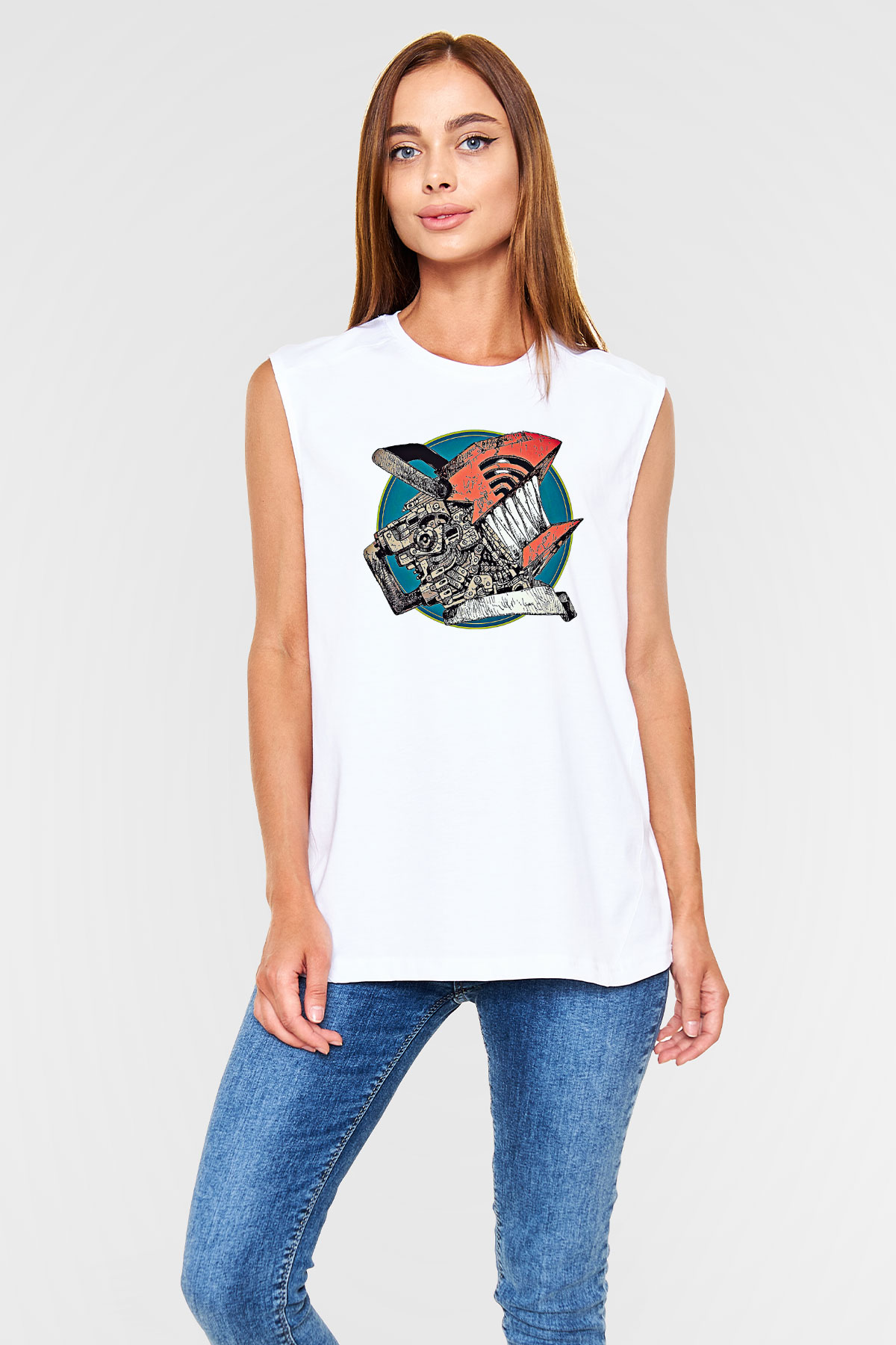 Chainsaw Man Baskılı Beyaz Unisex Kolsuz Tişört - Tshirt