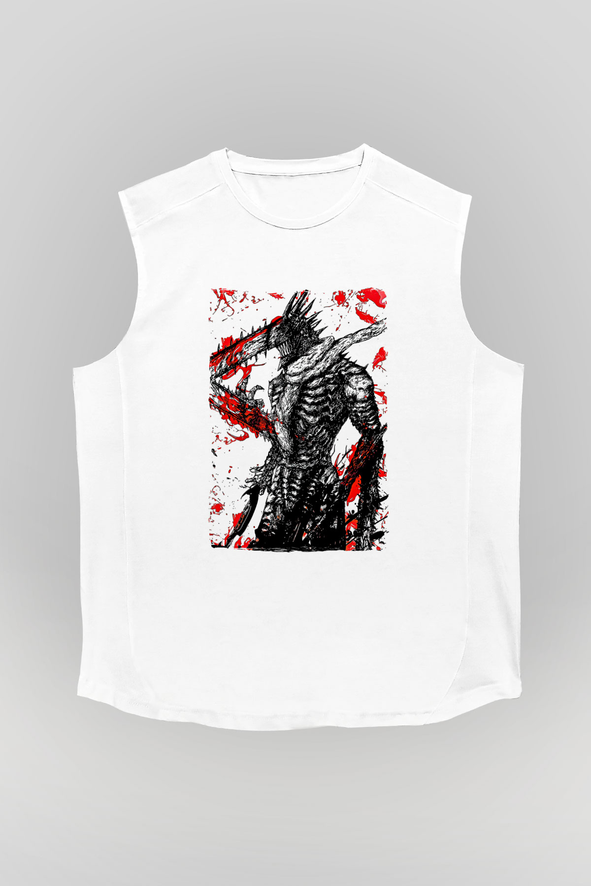 Chainsaw Man Baskılı Beyaz Unisex Kolsuz Tişört - Tshirt