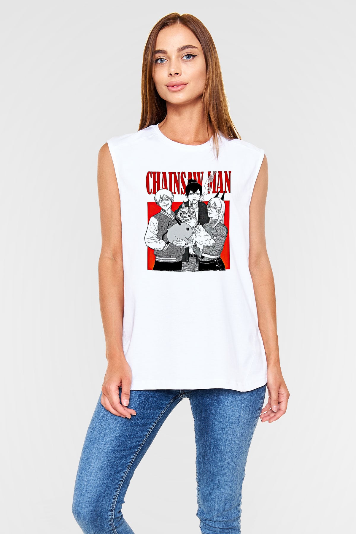 Chainsaw Man Baskılı Beyaz Unisex Kolsuz Tişört - Tshirt