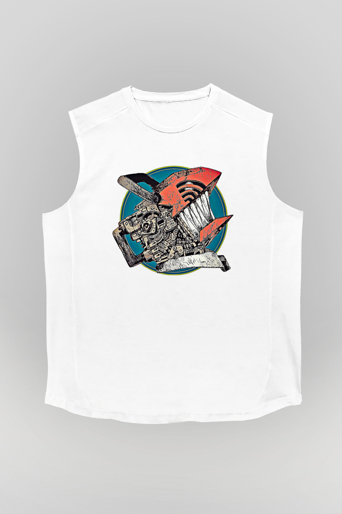 Chainsaw Man Baskılı Beyaz Unisex Kolsuz Tişört - Tshirt