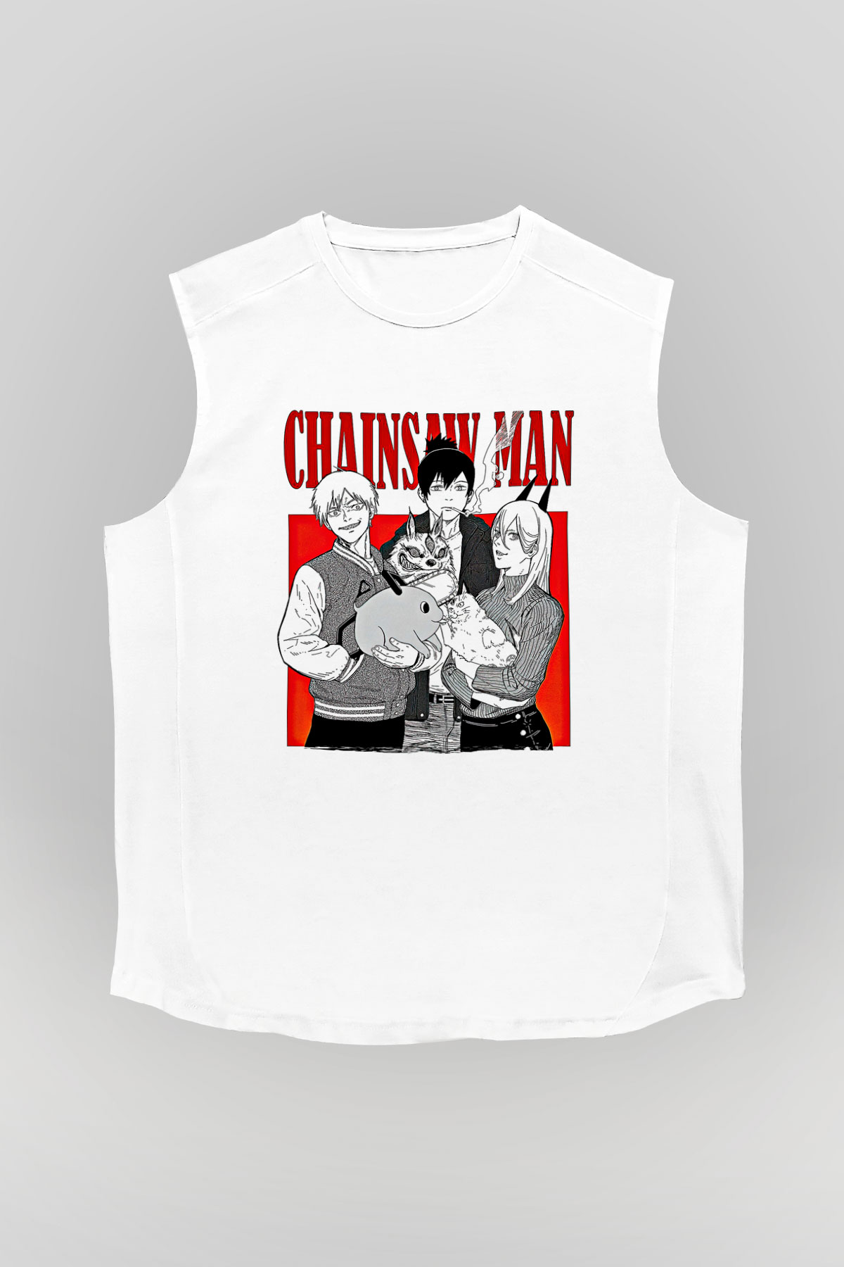 Chainsaw Man Baskılı Beyaz Unisex Kolsuz Tişört - Tshirt