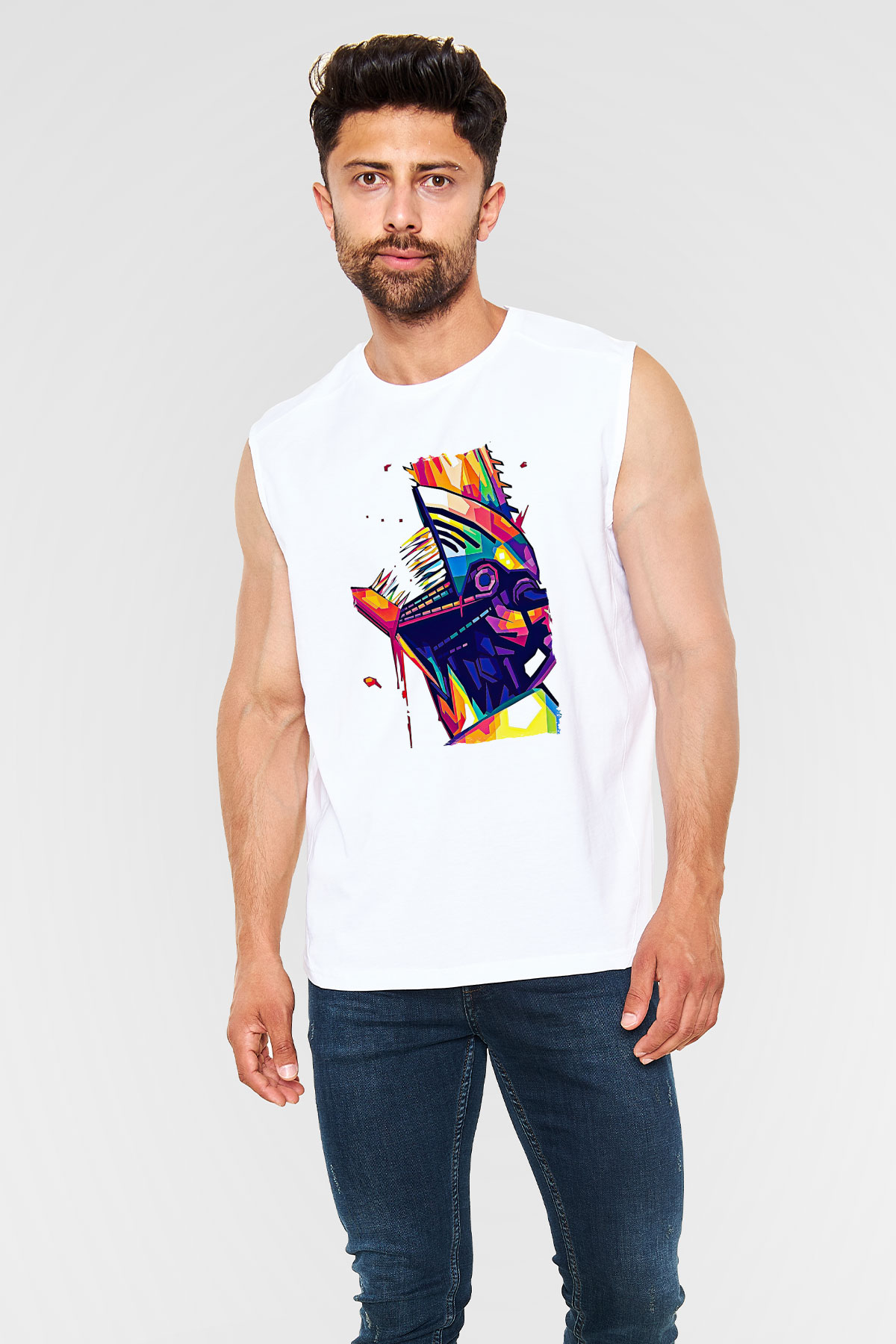 Chainsaw Man Baskılı Beyaz Unisex Kolsuz Tişört - Tshirt