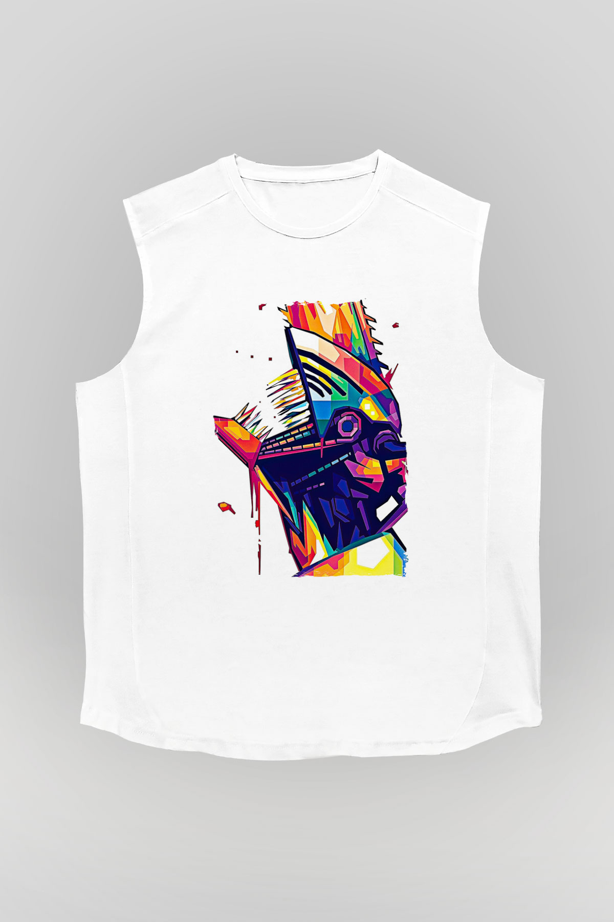 Chainsaw Man Baskılı Beyaz Unisex Kolsuz Tişört - Tshirt