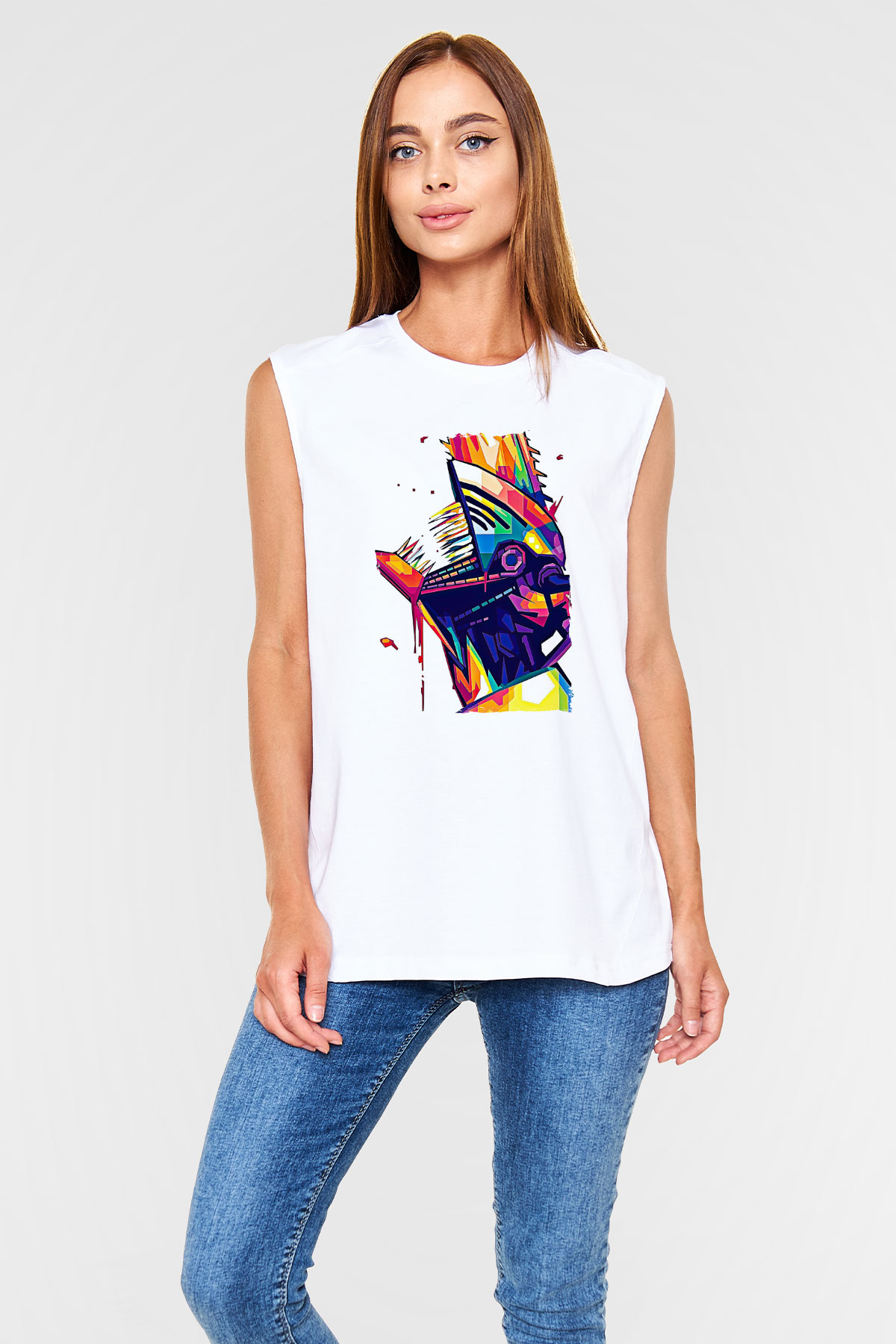 Chainsaw Man Baskılı Beyaz Unisex Kolsuz Tişört - Tshirt