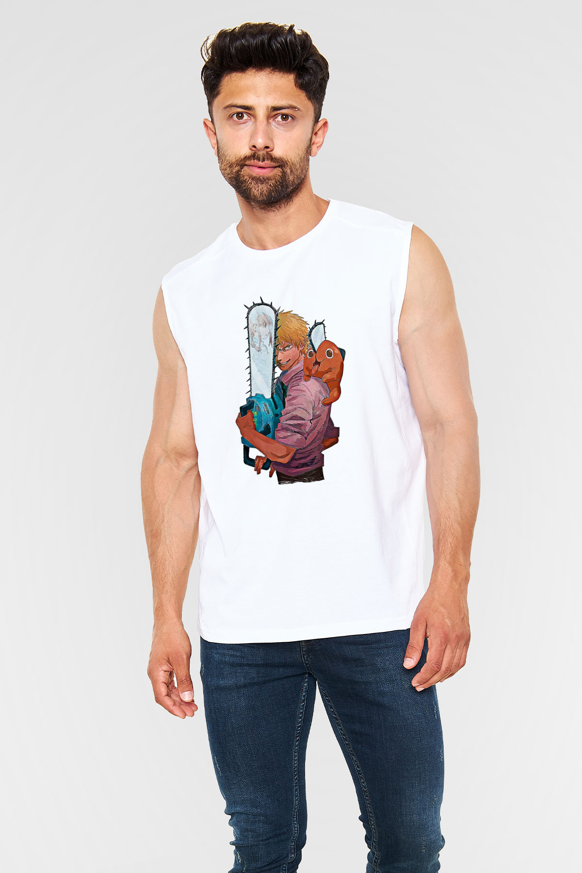Chainsaw Man Baskılı Beyaz Unisex Kolsuz Tişört - Tshirt