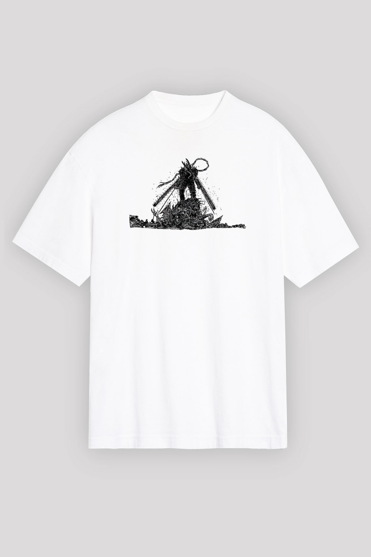 Chainsaw Man Baskılı Beyaz Unisex Oversize Tişört - Tshirt