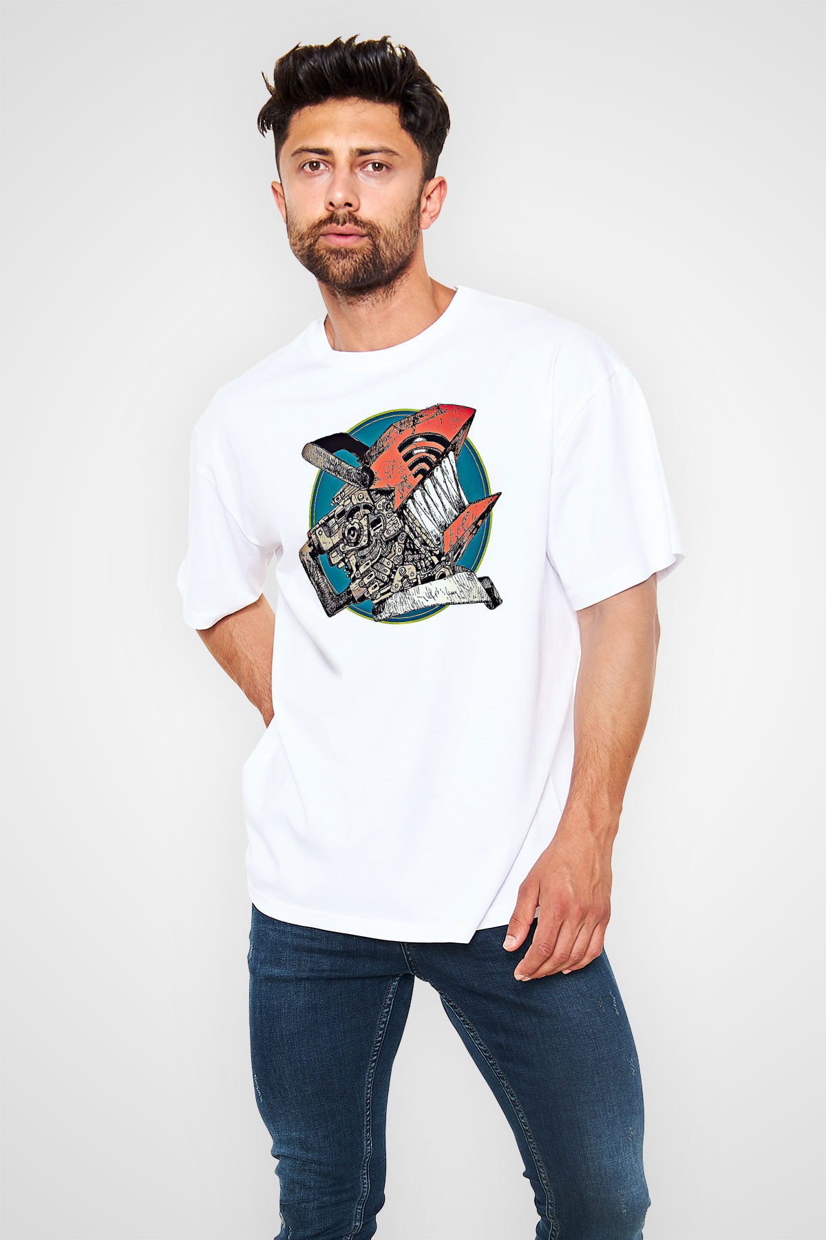 Chainsaw Man Baskılı Beyaz Unisex Oversize Tişört - Tshirt