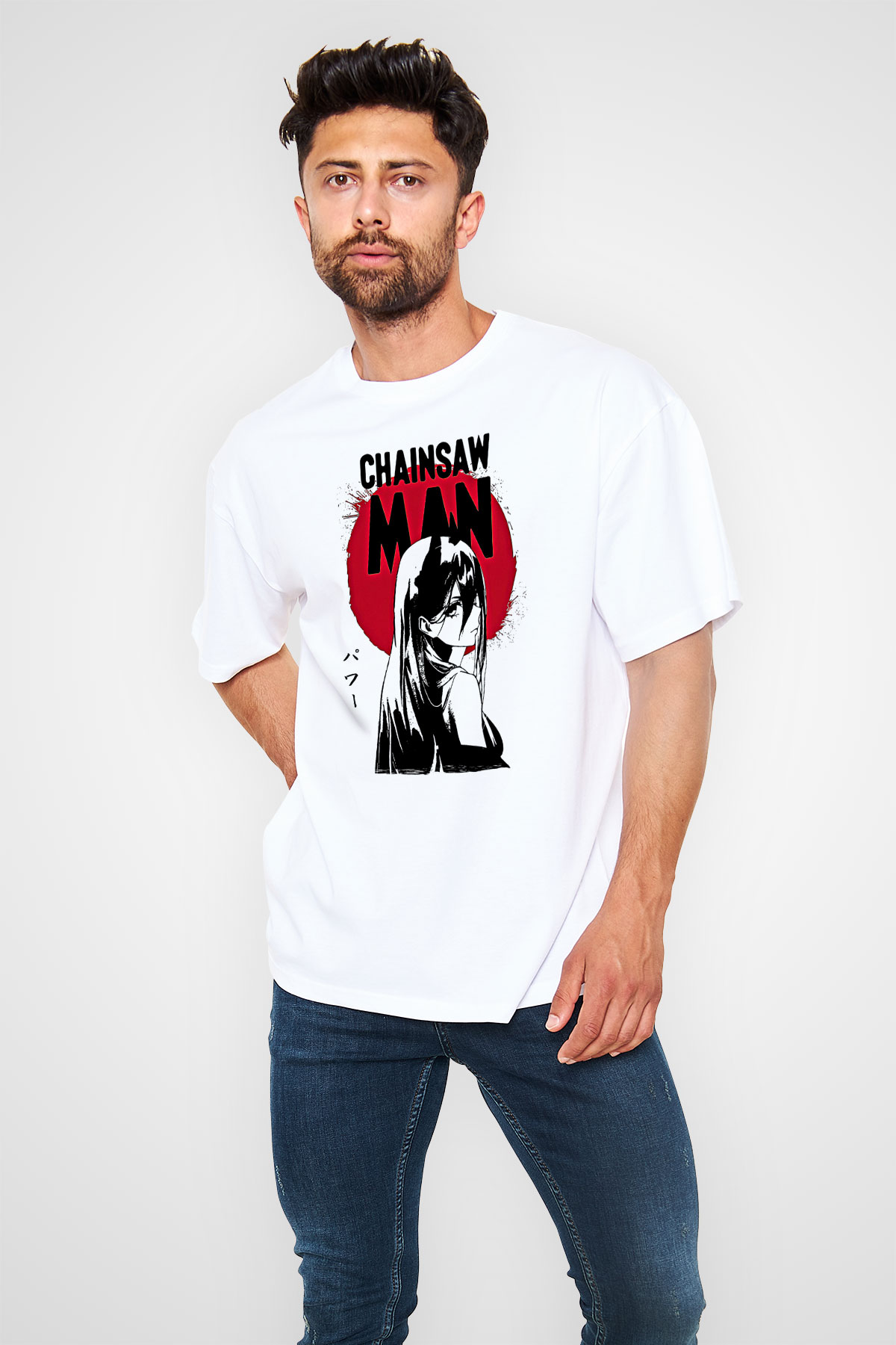 Chainsaw Man Baskılı Beyaz Unisex Oversize Tişört - Tshirt