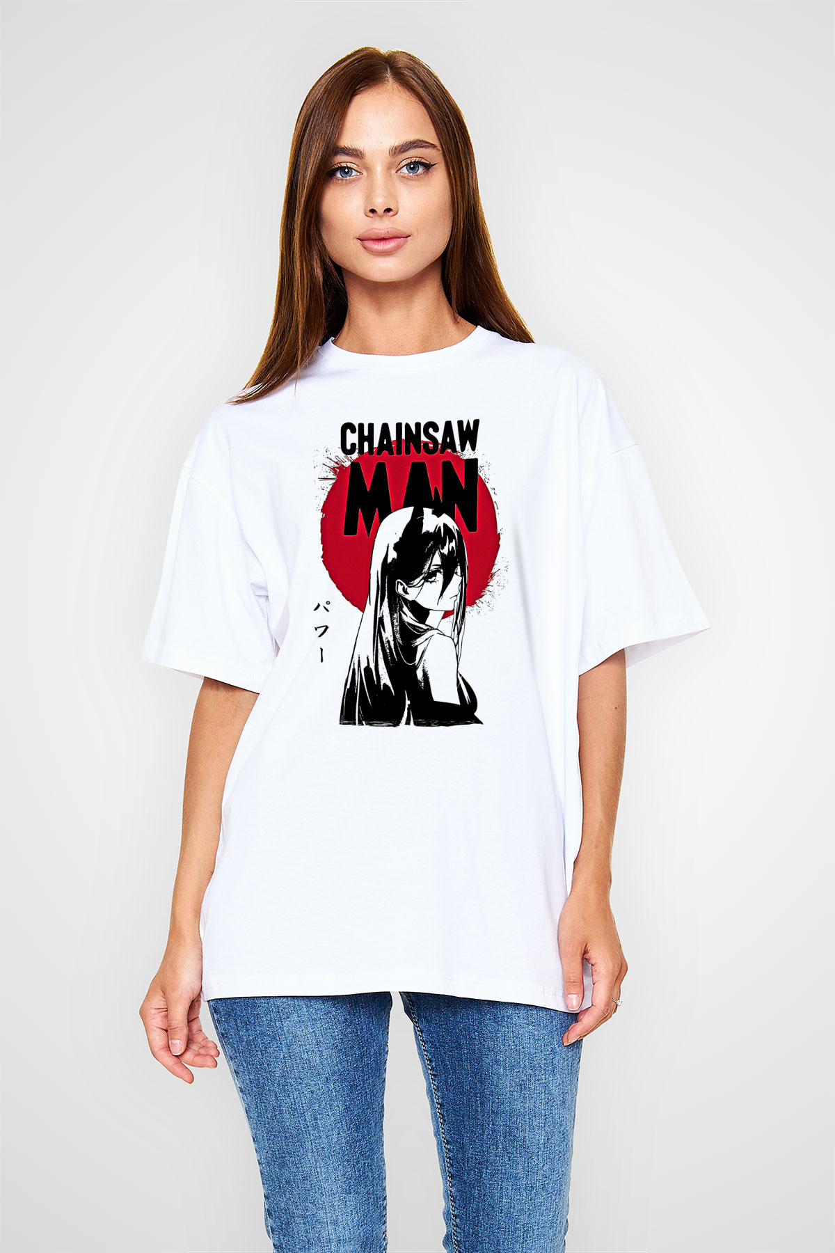 Chainsaw Man Baskılı Beyaz Unisex Oversize Tişört - Tshirt