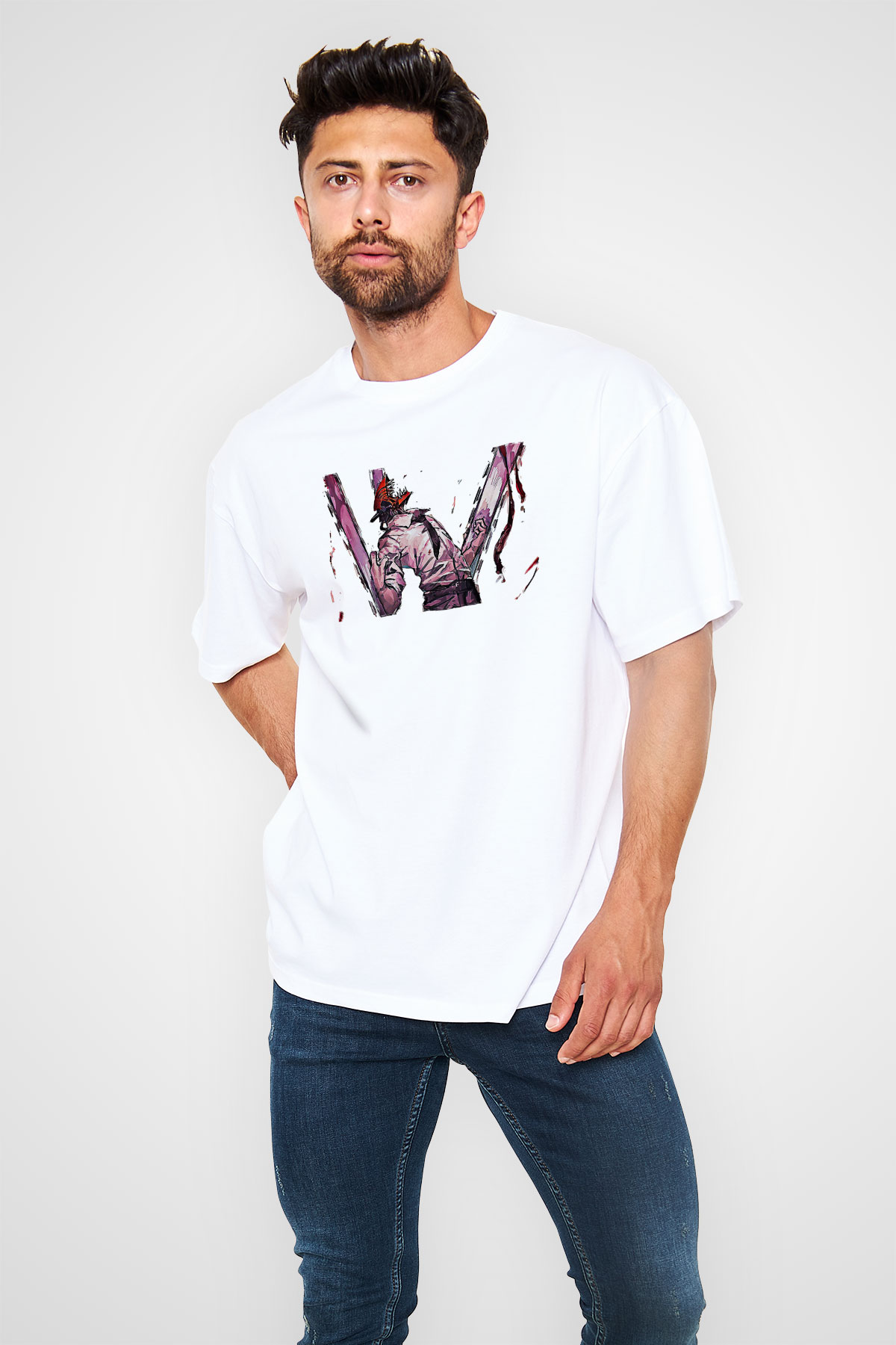 Chainsaw Man Baskılı Beyaz Unisex Oversize Tişört - Tshirt