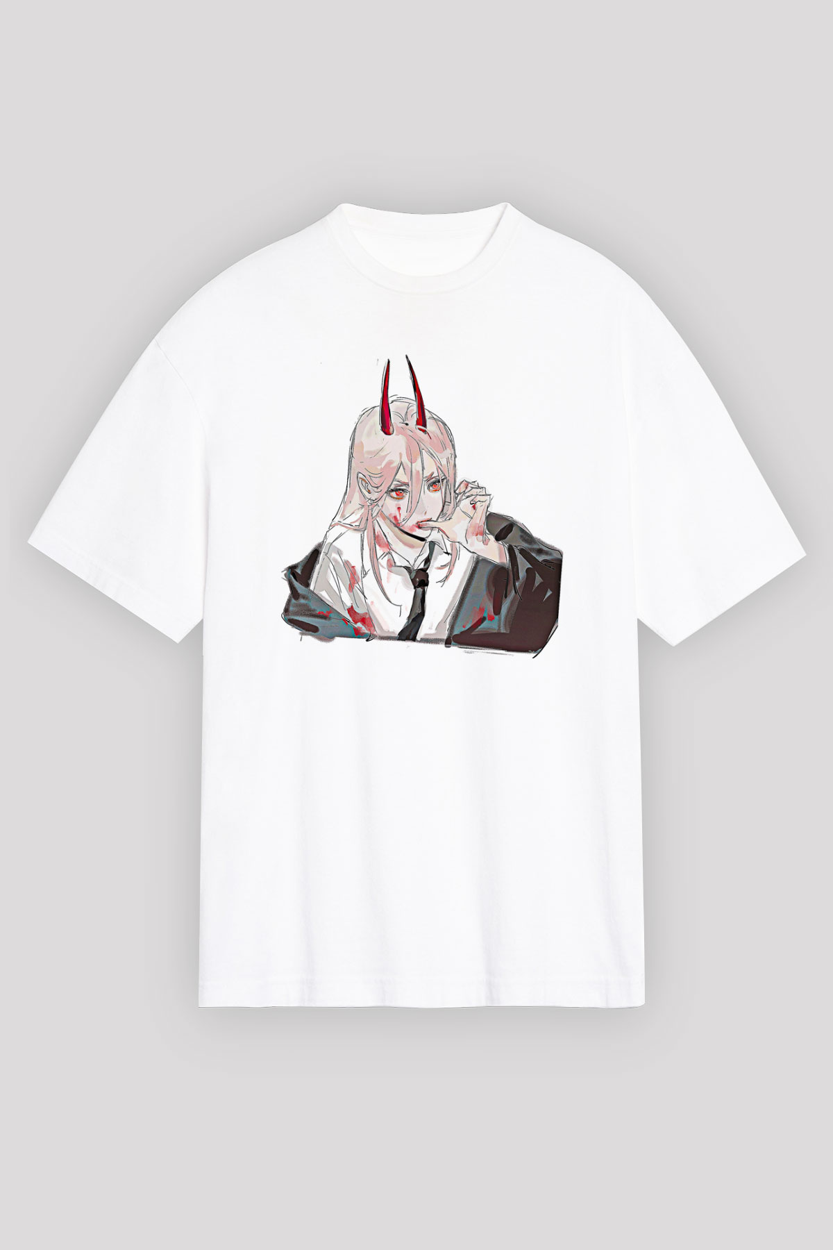 Chainsaw Man Baskılı Beyaz Unisex Oversize Tişört - Tshirt