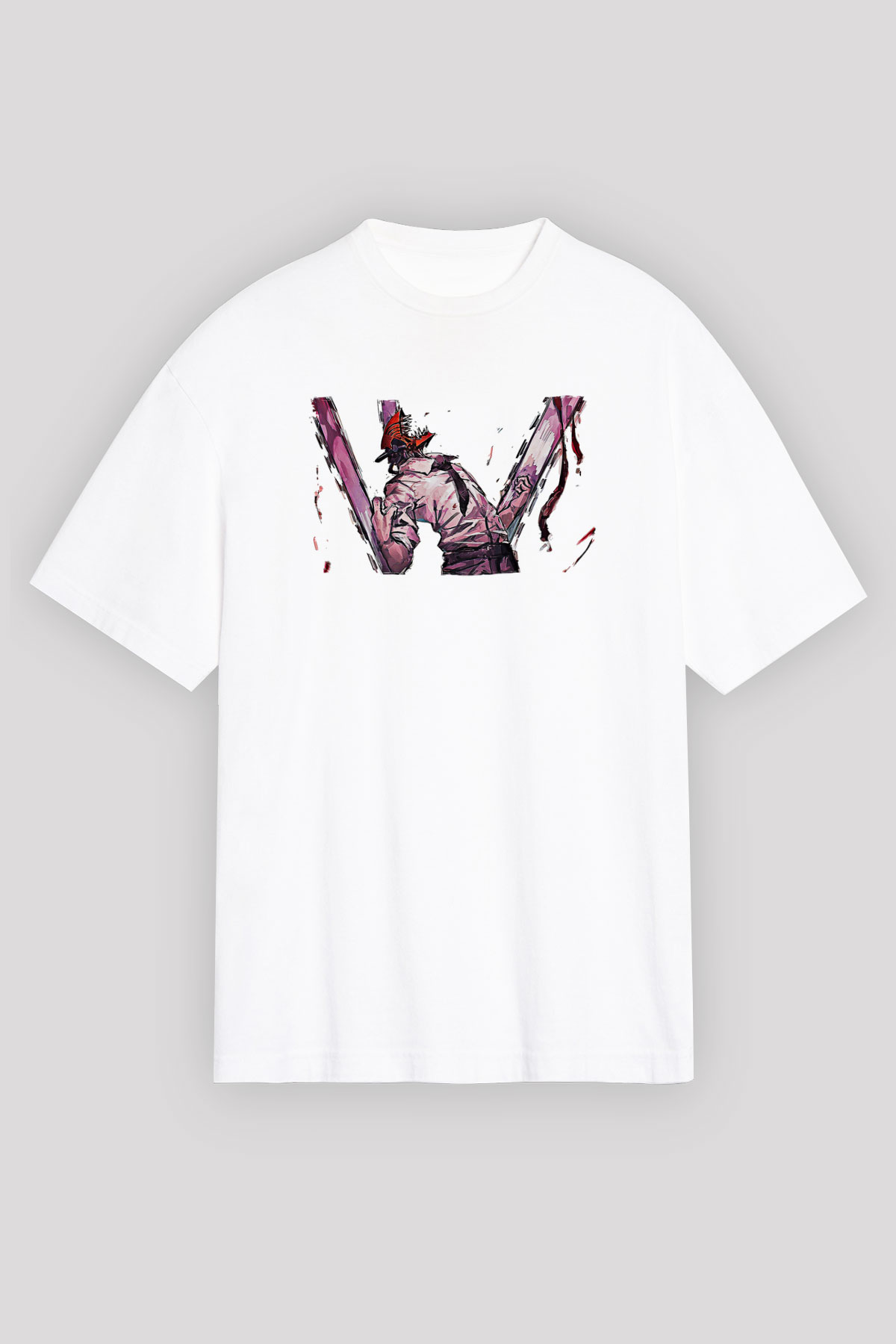 Chainsaw Man Baskılı Beyaz Unisex Oversize Tişört - Tshirt