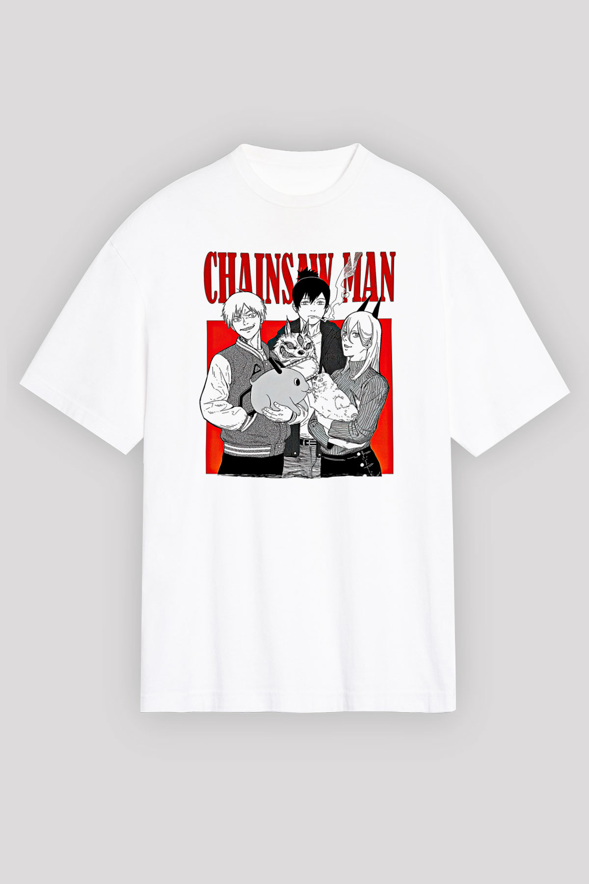 Chainsaw Man Baskılı Beyaz Unisex Oversize Tişört - Tshirt