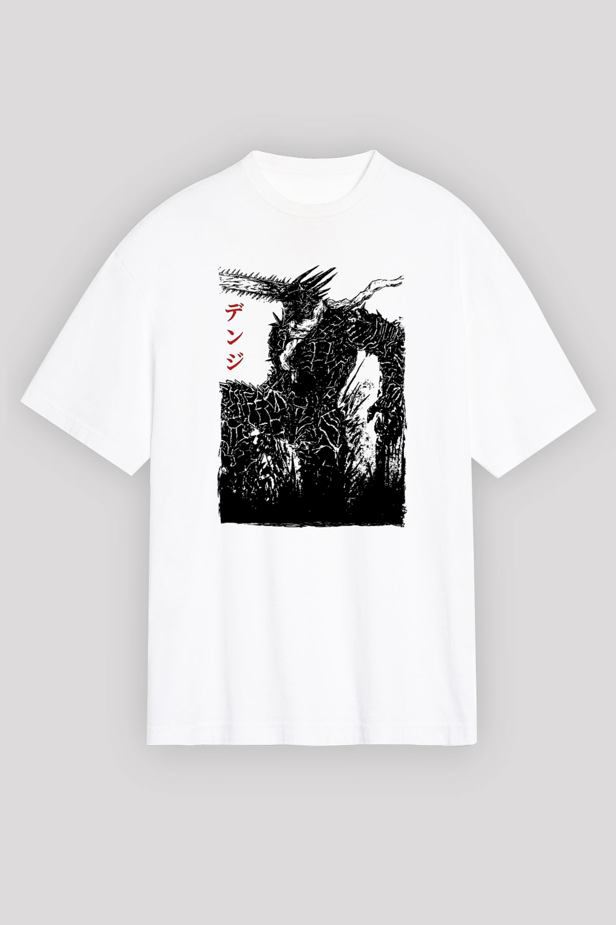 Chainsaw Man Baskılı Beyaz Unisex Oversize Tişört - Tshirt