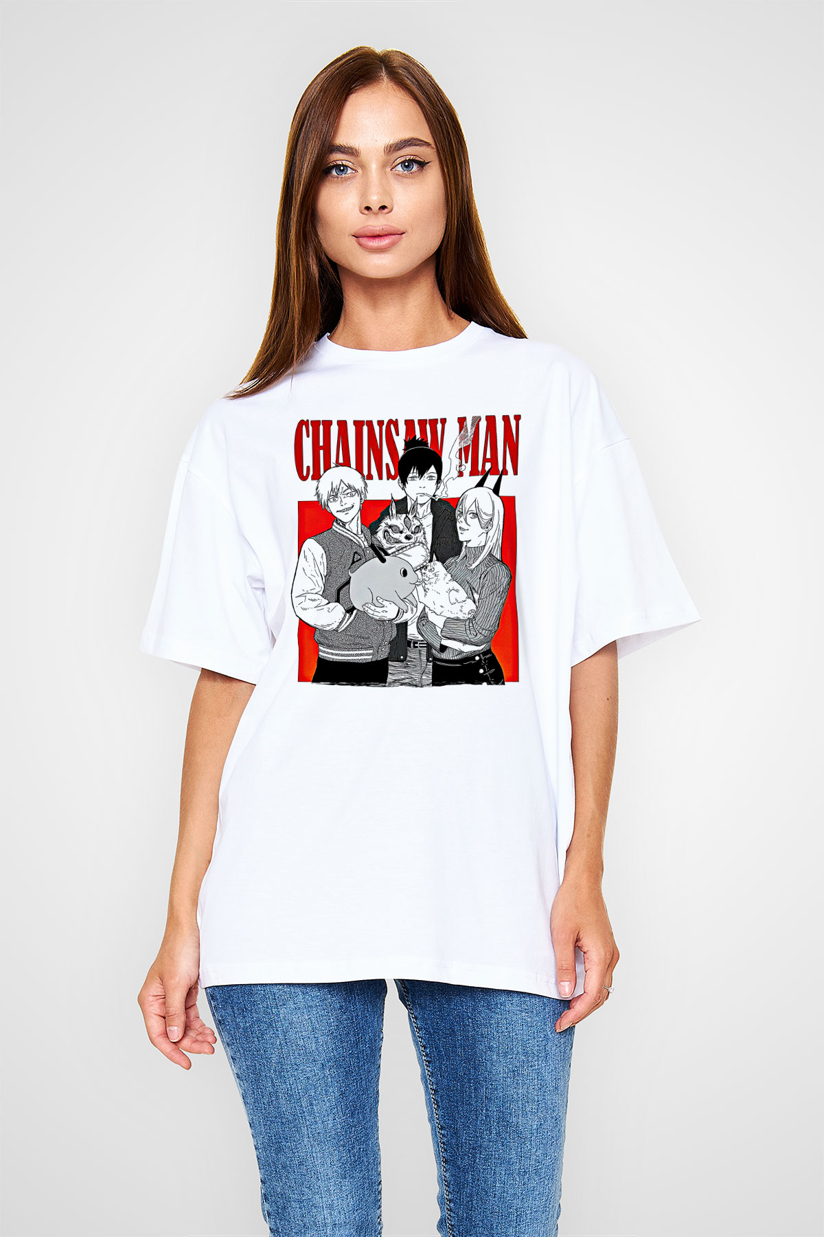 Chainsaw Man Baskılı Beyaz Unisex Oversize Tişört - Tshirt