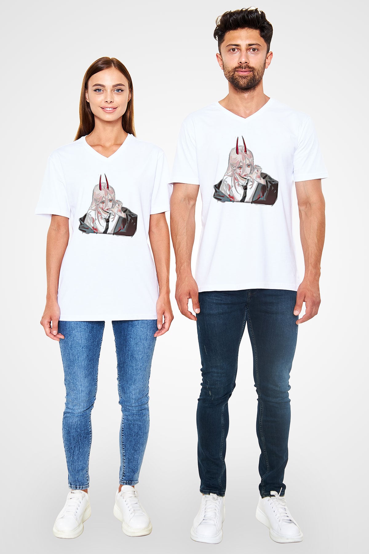 Chainsaw Man Baskılı Beyaz Unisex V Yaka Tişört - Tshirt