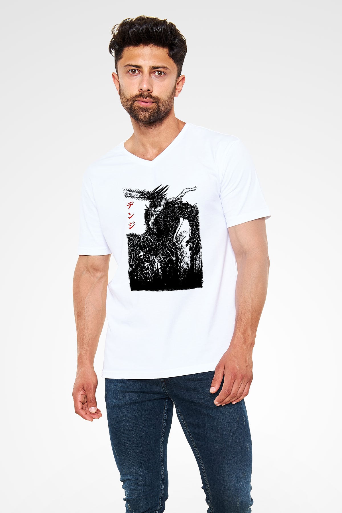 Chainsaw Man Baskılı Beyaz Unisex V Yaka Tişört - Tshirt
