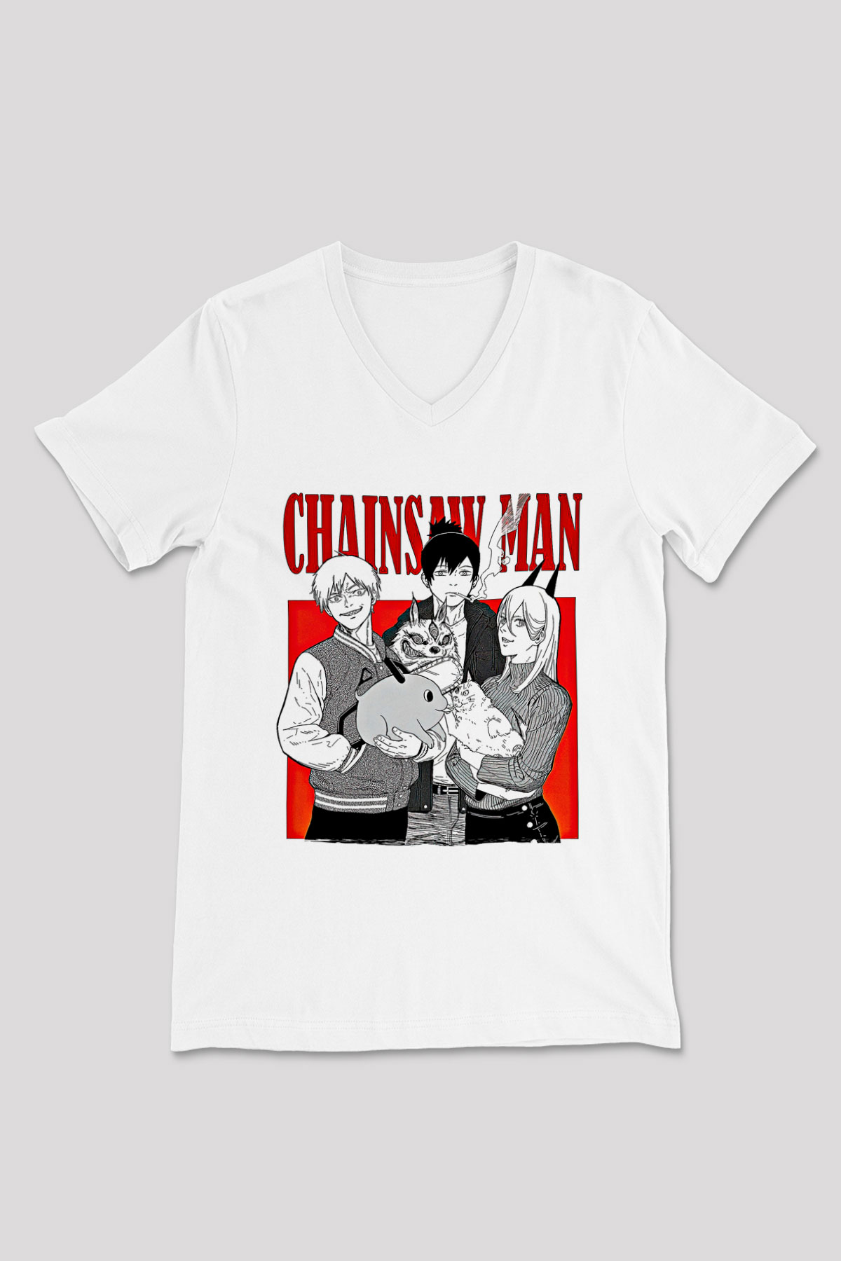 Chainsaw Man Baskılı Beyaz Unisex V Yaka Tişört - Tshirt