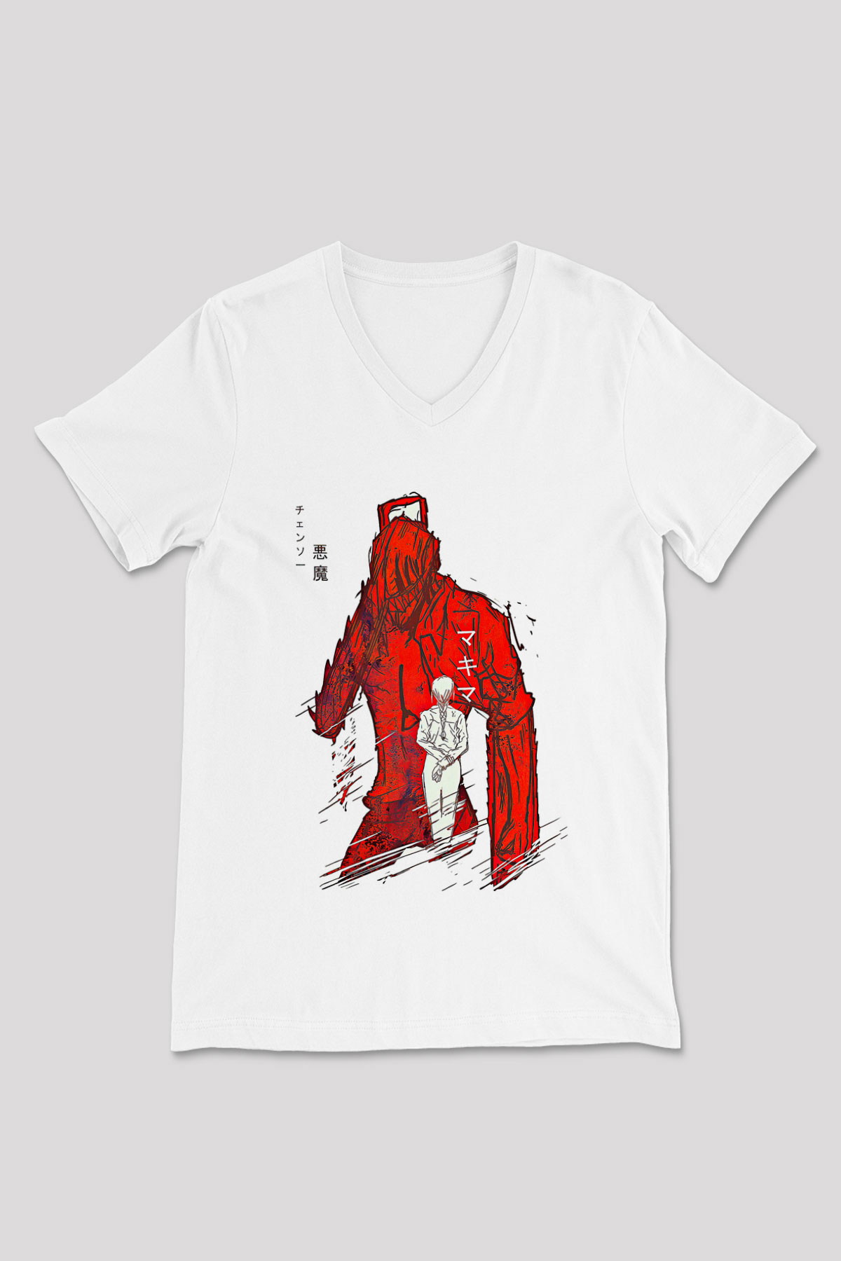 Chainsaw Man Baskılı Beyaz Unisex V Yaka Tişört - Tshirt
