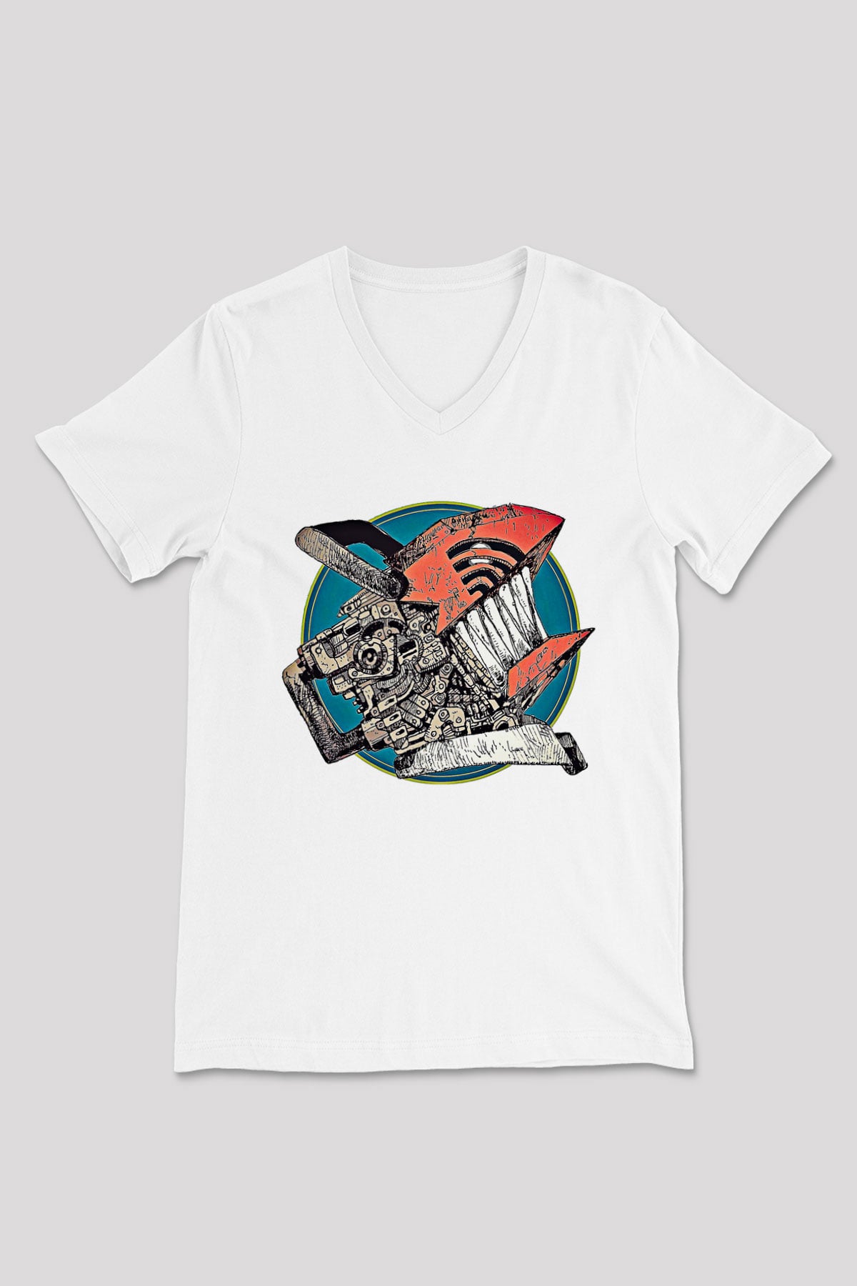 Chainsaw Man Baskılı Beyaz Unisex V Yaka Tişört - Tshirt