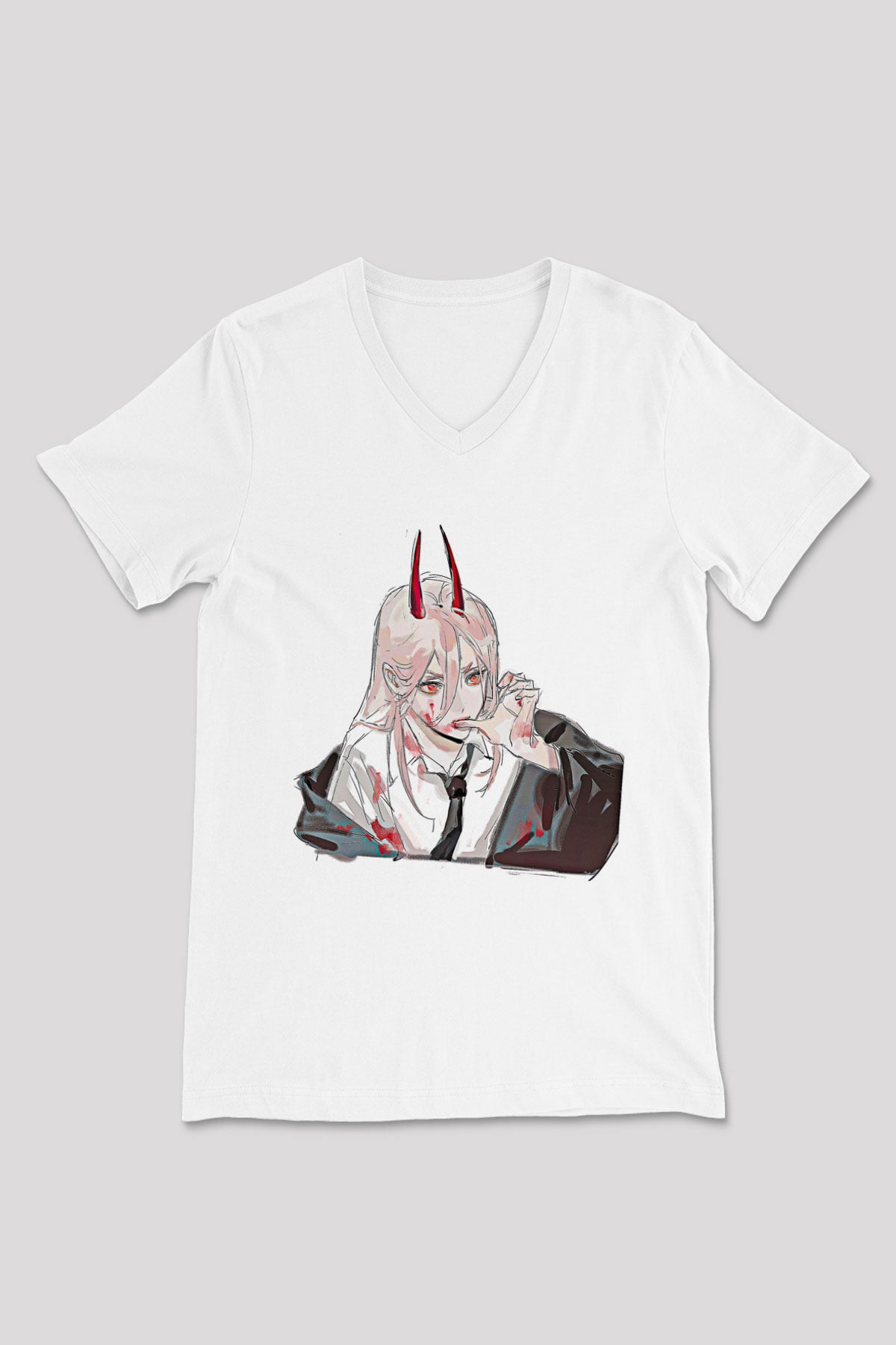 Chainsaw Man Baskılı Beyaz Unisex V Yaka Tişört - Tshirt