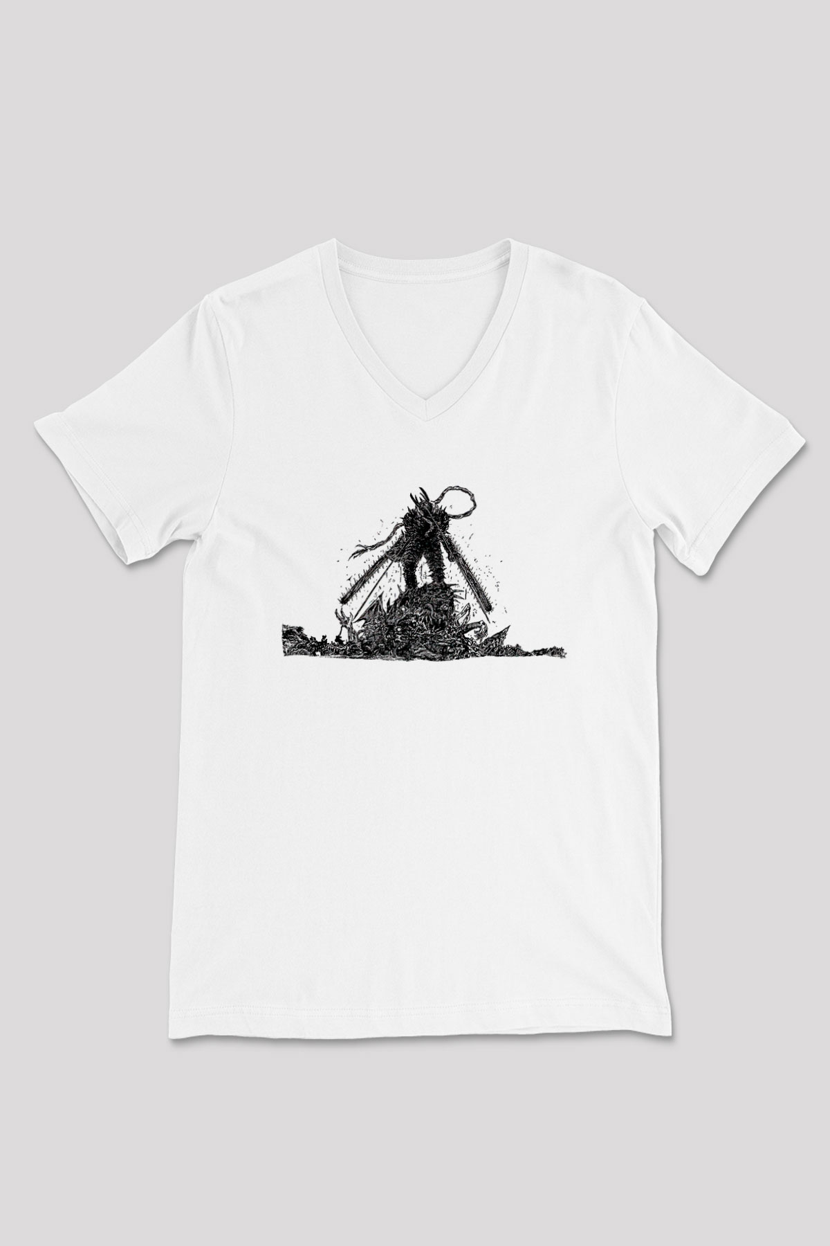 Chainsaw Man Baskılı Beyaz Unisex V Yaka Tişört - Tshirt