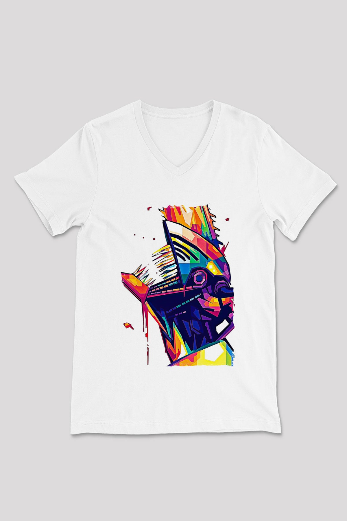 Chainsaw Man Baskılı Beyaz Unisex V Yaka Tişört - Tshirt