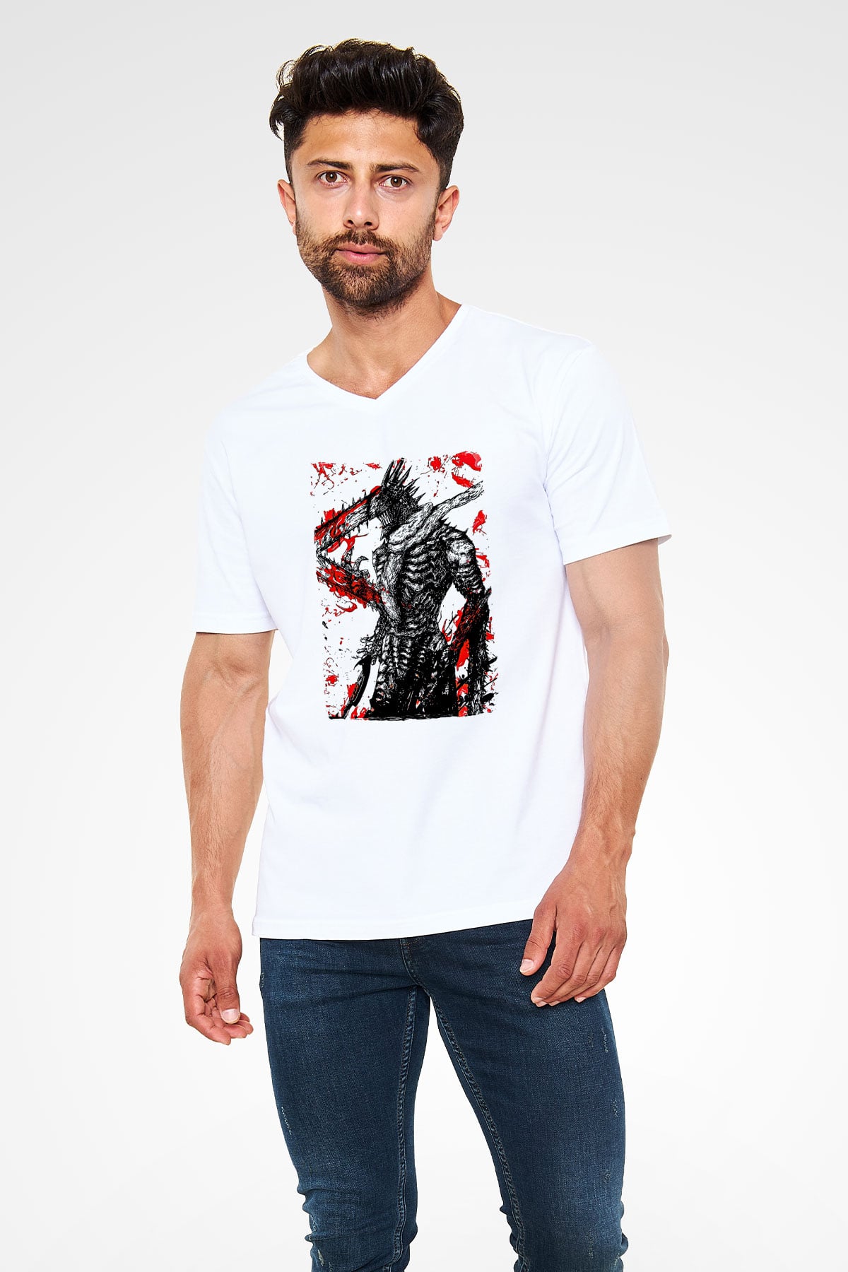 Chainsaw Man Baskılı Beyaz Unisex V Yaka Tişört - Tshirt