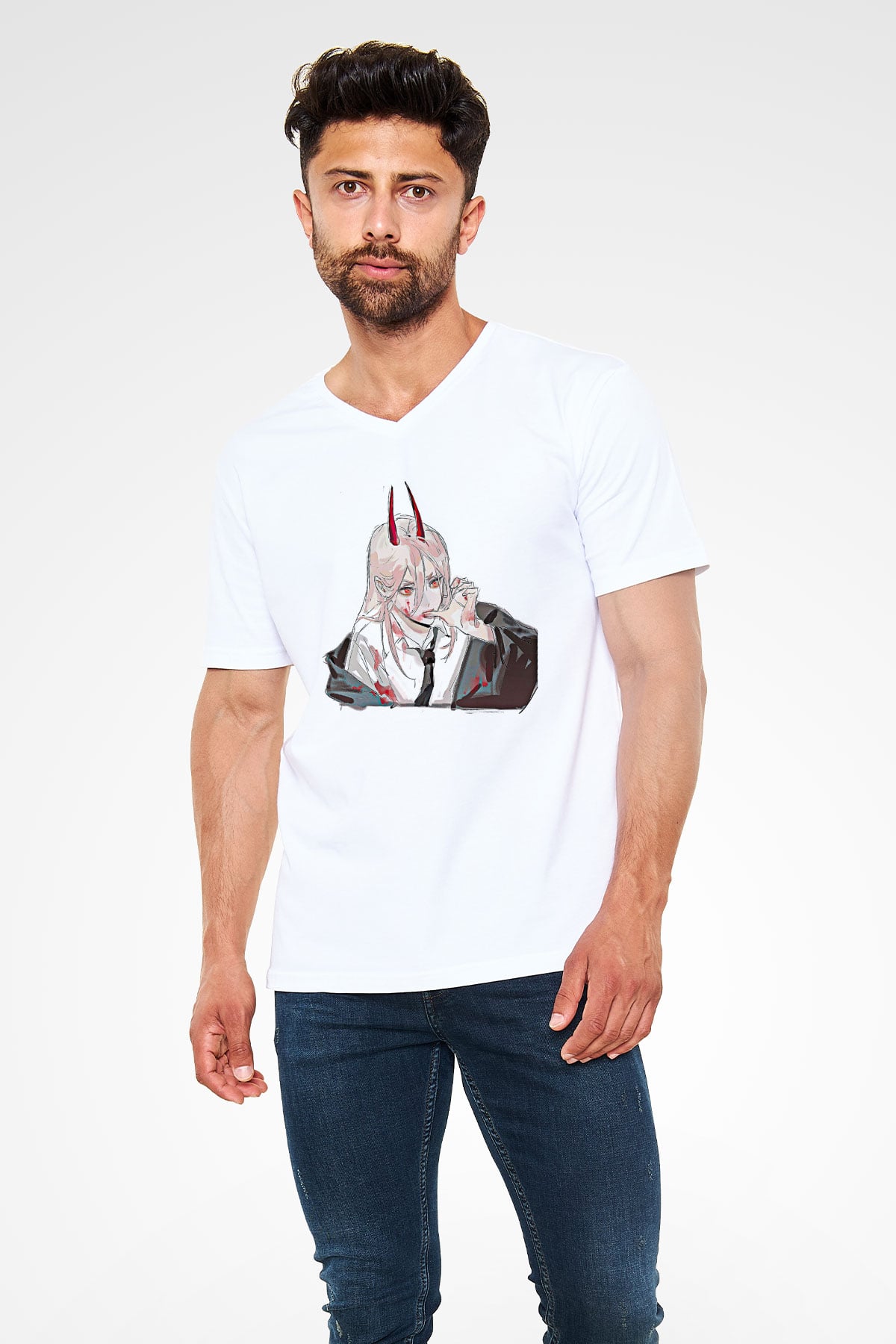 Chainsaw Man Baskılı Beyaz Unisex V Yaka Tişört - Tshirt